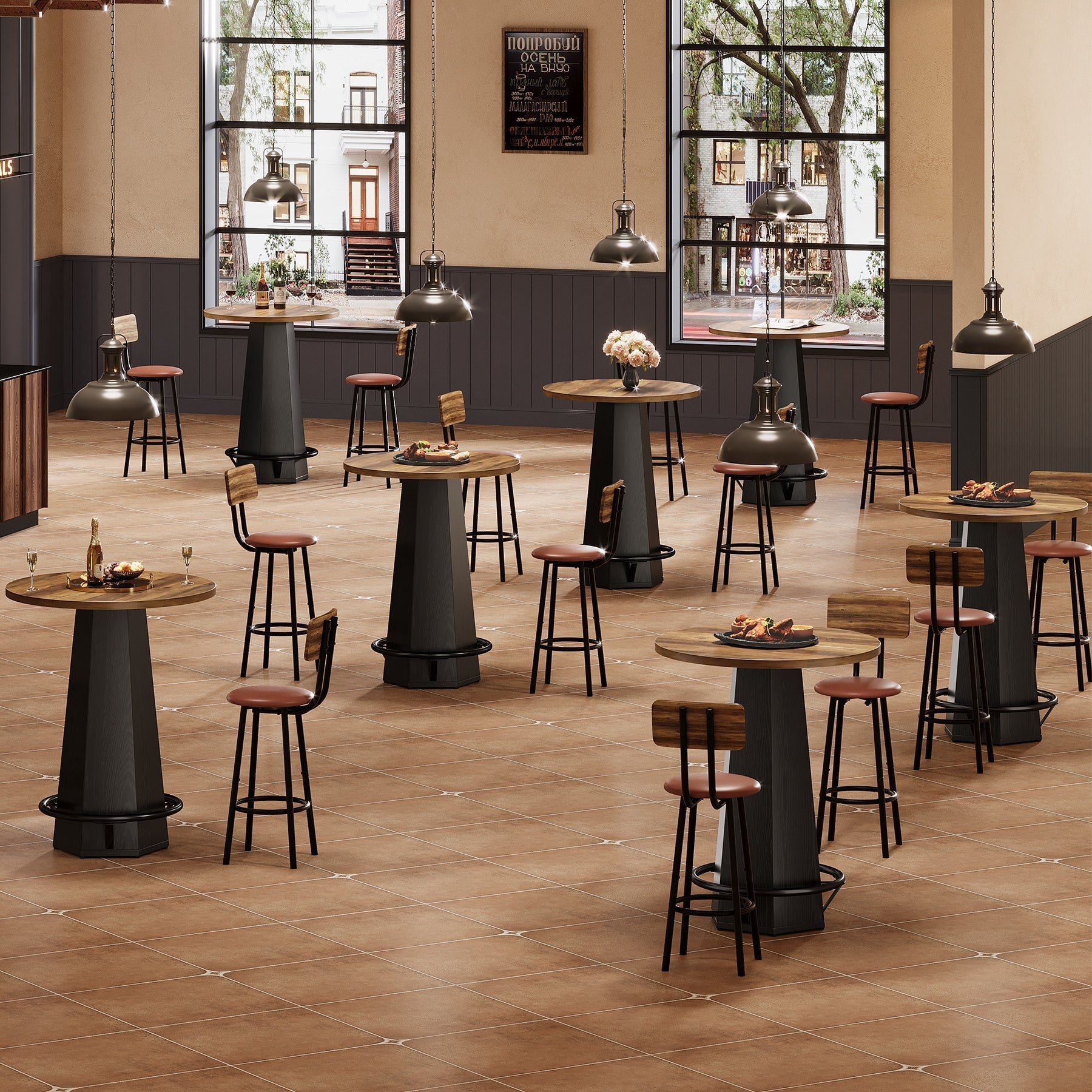 Tribesigns Table de bar ronde de 100 cm pour 2 personnes, Table à manger industrielle avec repose-pieds