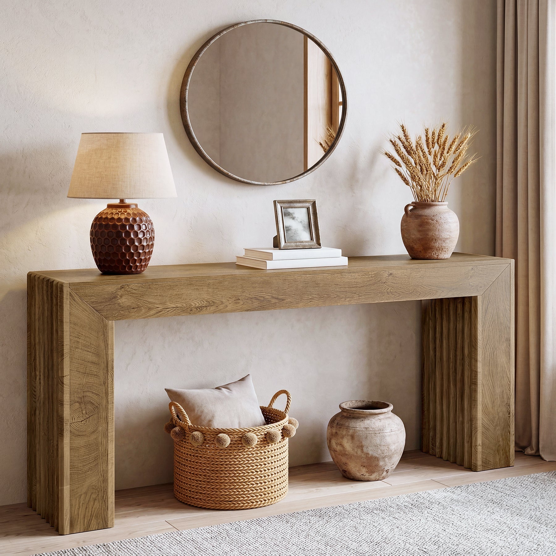 Console de 160 cm avec pieds colonnes cannelés, Table d'entrée étroite de style romain