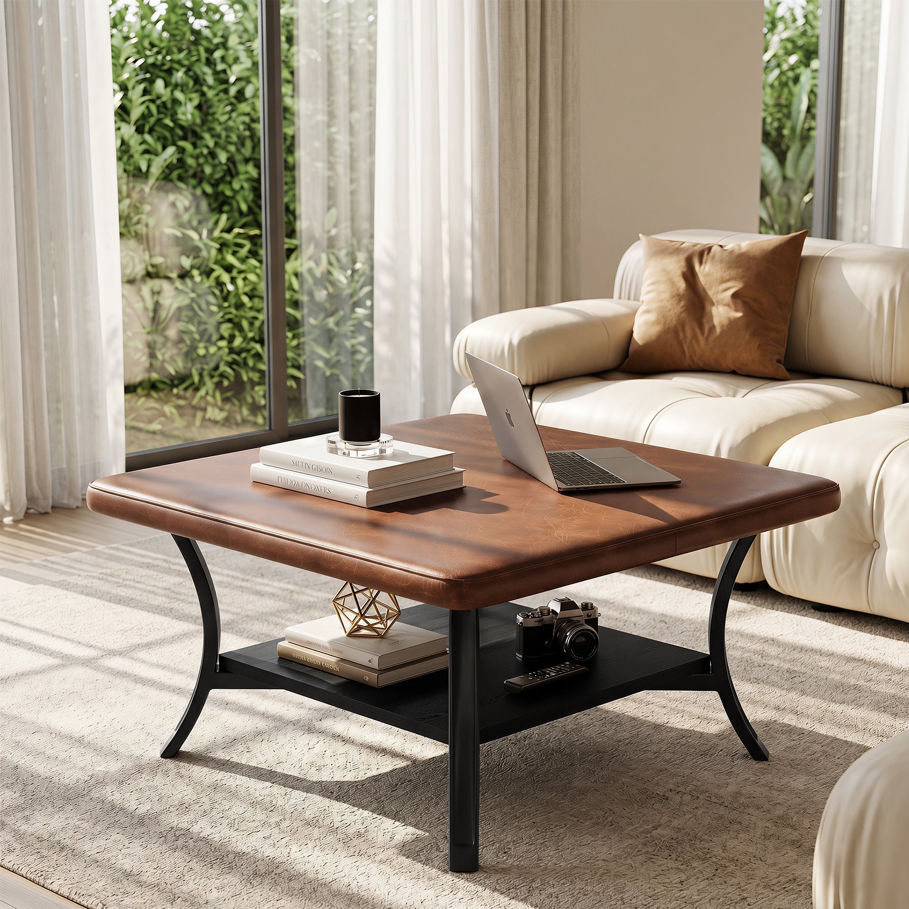 Tribesigns Table Basse Carrée 80 cm avec Revêtement en Similicuir pour Salon