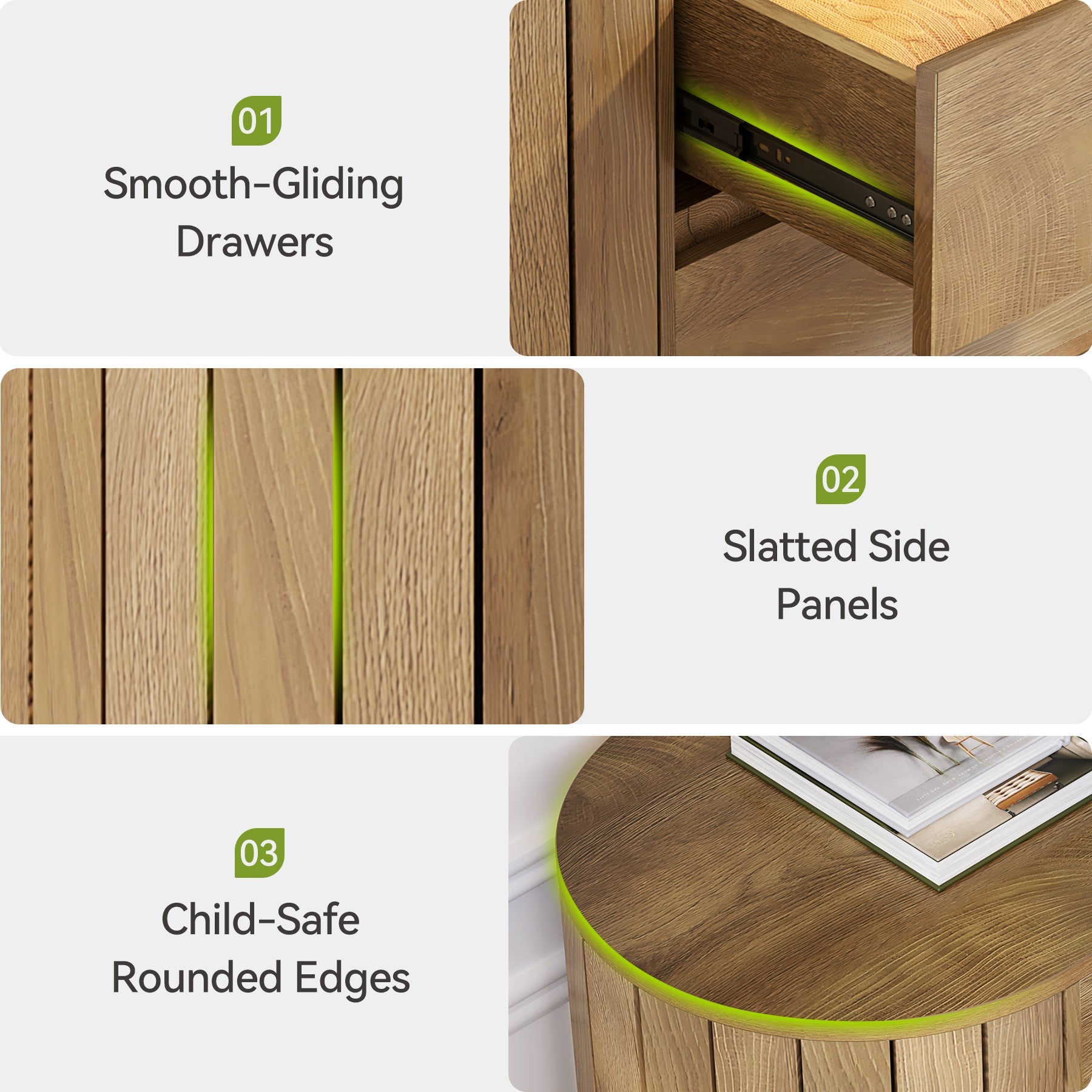 Tribesigns Commode Moderne Effet Chêne 90 cm avec 3 Tiroirs et Côtés à Lattes
