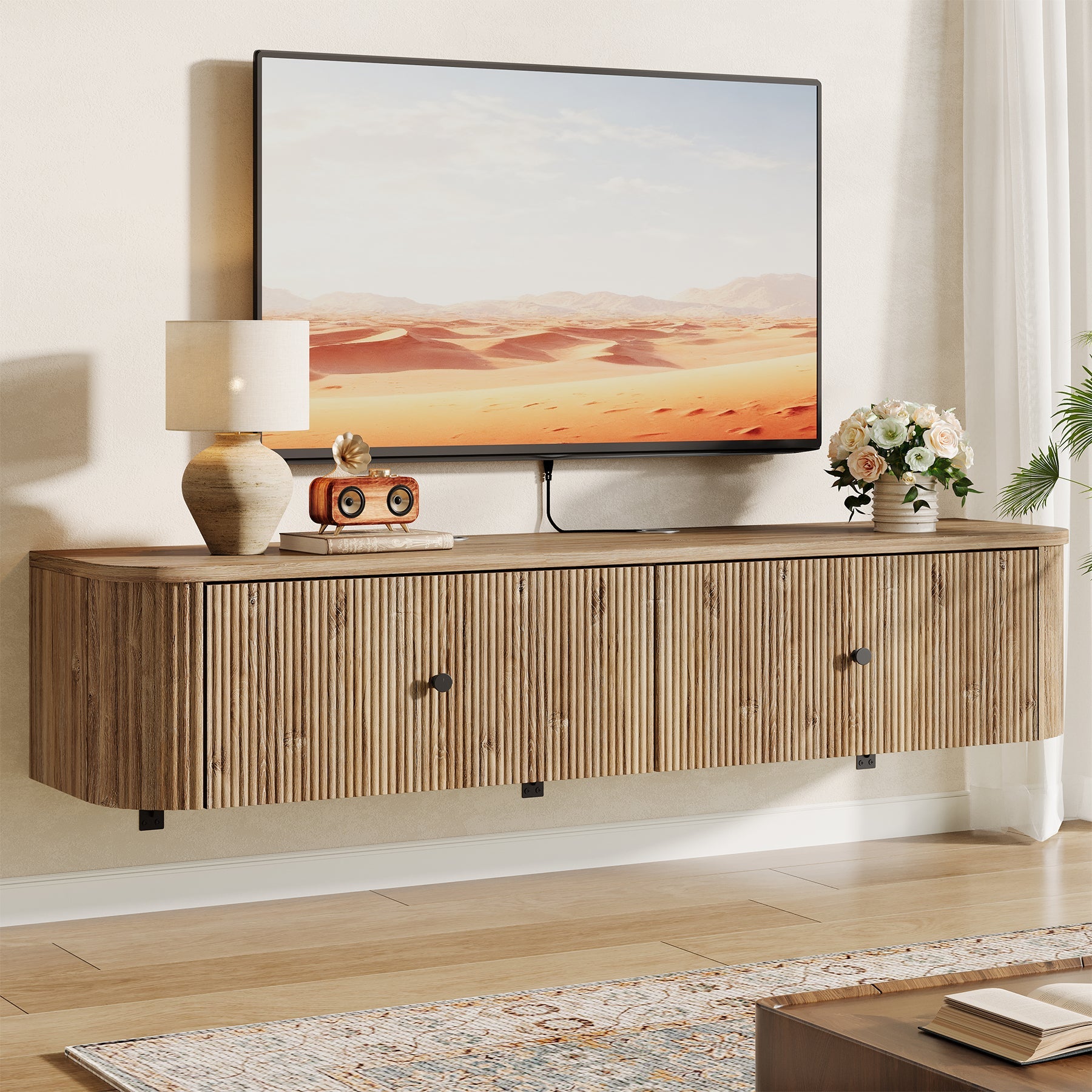 Tribesigns Meuble TV Mural avec 2 Tiroirs Rainurés, Meuble Multimédia Suspendu pour Salon et Chambre