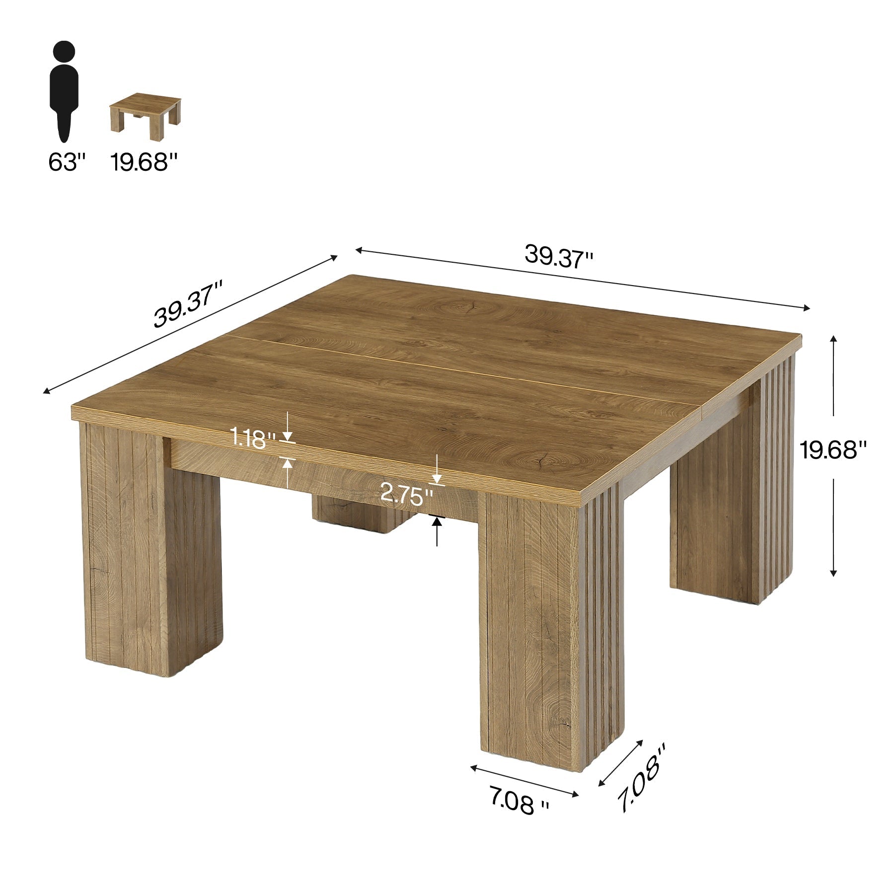 Tribesigns Table basse carrée 100 cm, Table de salon de style champêtre aux pieds cannelés