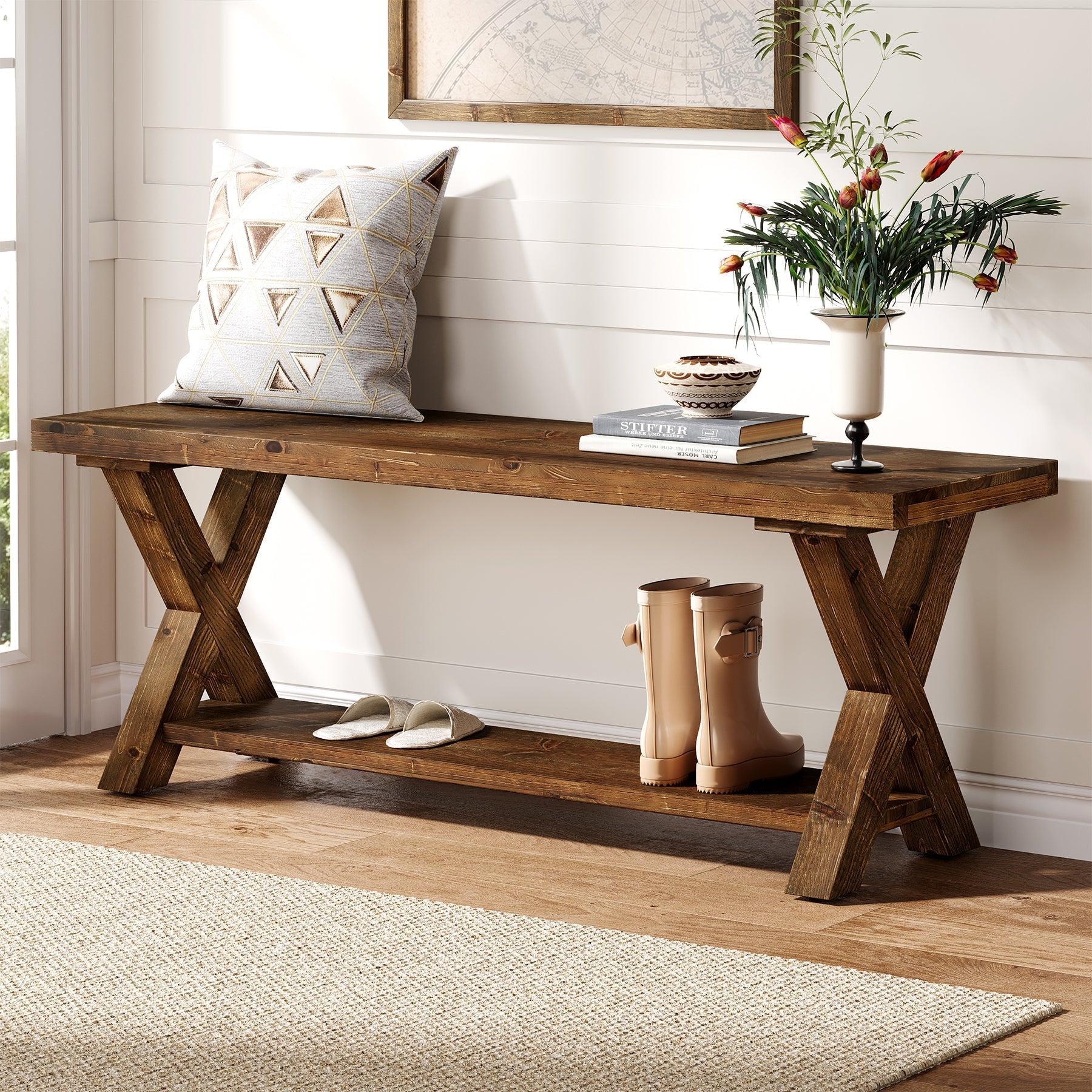 Tribesigns Banc en bois massif de 110 cm avec compartiment de rangement, Banc à chaussures de style campagnard avec structure en X, couleur marron