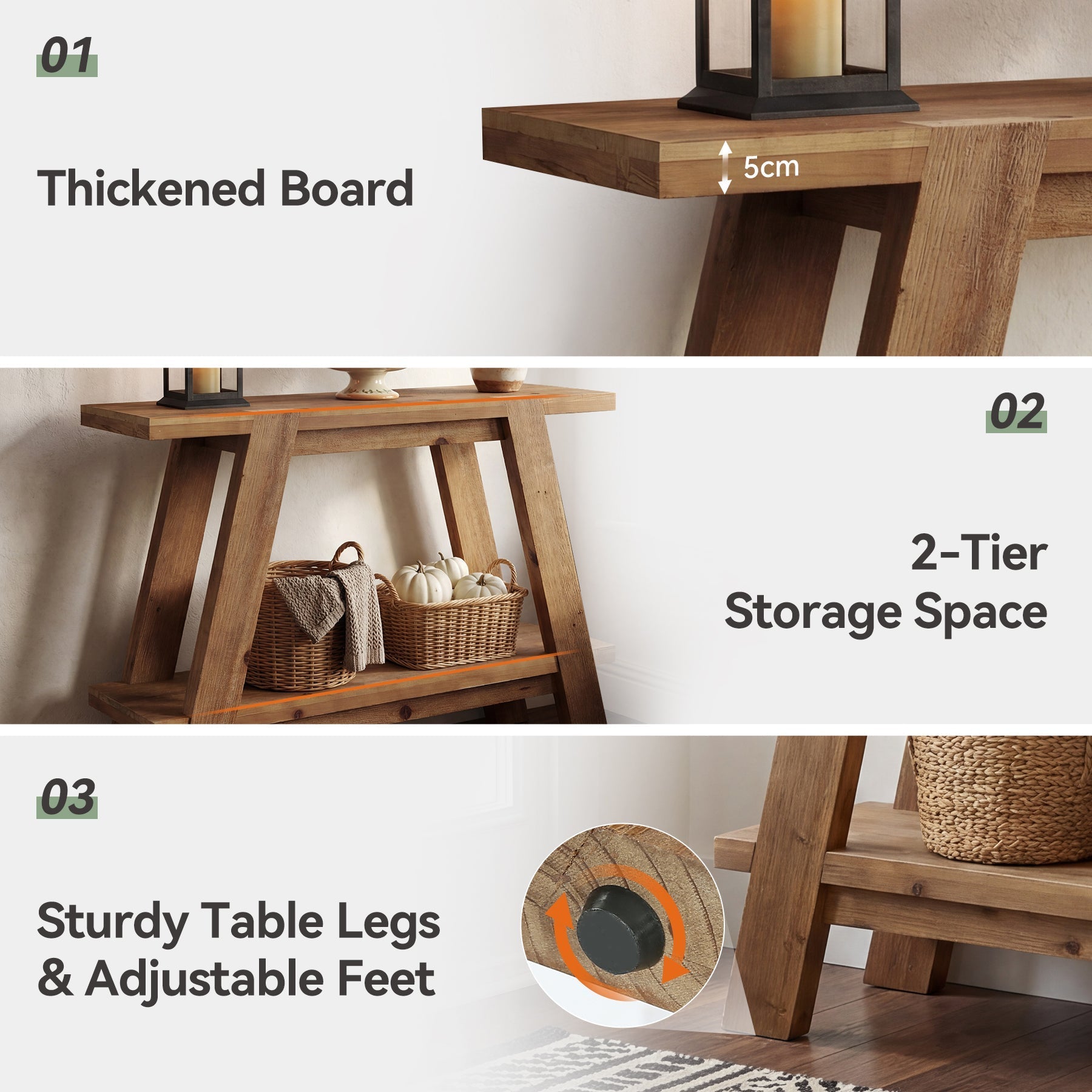 Tribesigns Console étroite en bois massif de 110 cm de long, Style campagnard Table basse avec 2 étagères