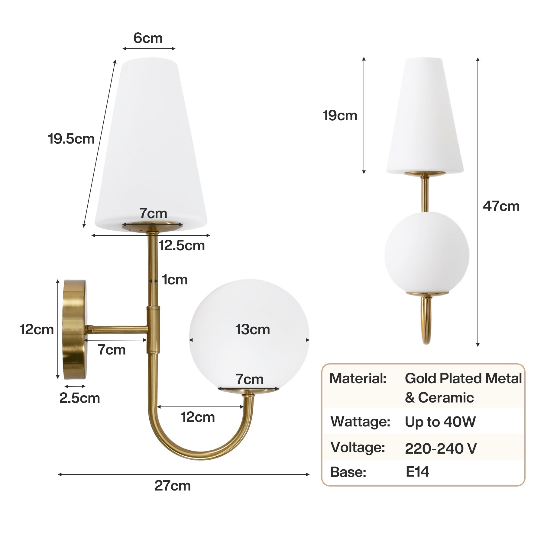 Tribesigns Applique murale d'intérieur, lampe murale dorée avec abat-jour en verre dépoli