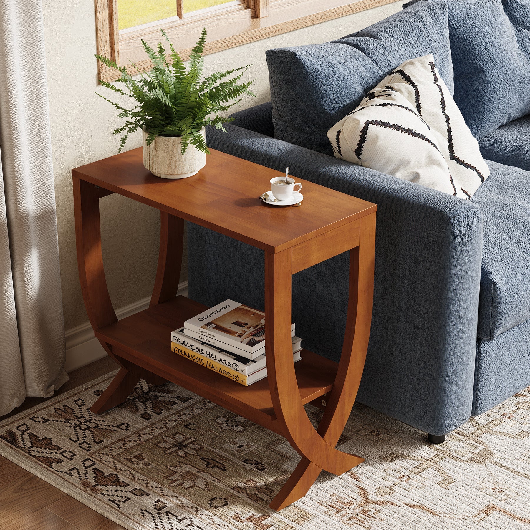 Tribesigns Table d’Appoint en Bois Massif avec Étagère, Table de Chevet Étroite à Structure Cintrée
