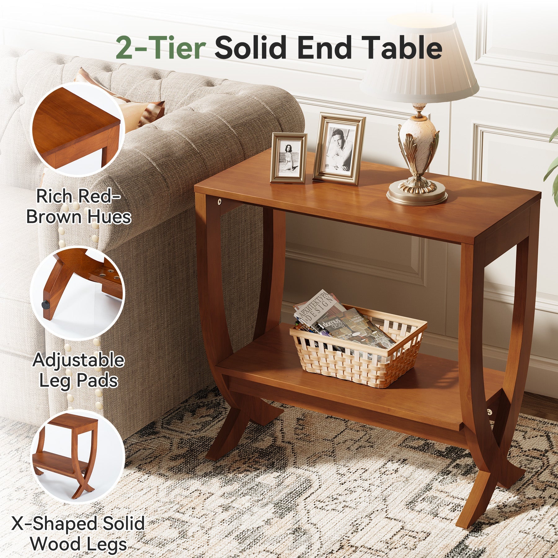 Tribesigns Table d’Appoint en Bois Massif avec Étagère, Table de Chevet Étroite à Structure Cintrée