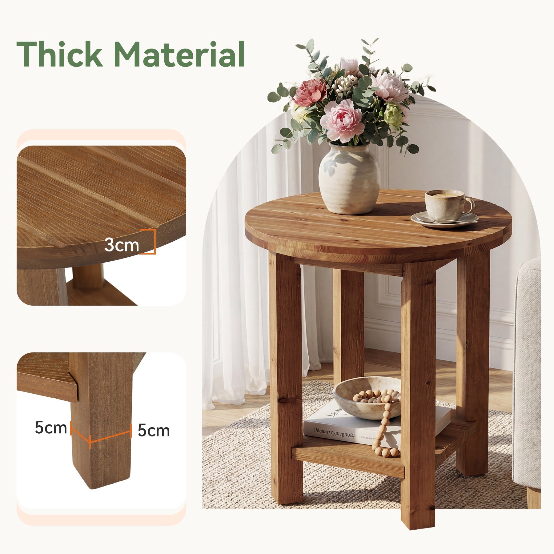 Tribesigns Table d’Appoint Ronde à 2 Niveaux en Bois Massif avec Plateau Rainuré Texturé