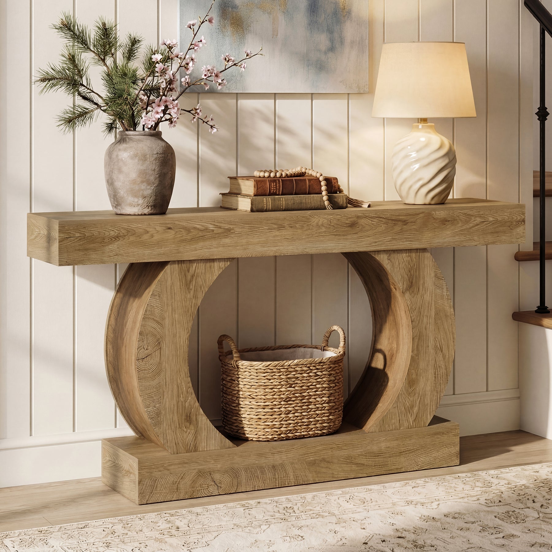Console rustique 150 x 30 x 85 cm avec base ronde ouverte, Table d'entrée étroite à 2 niveaux pour couloir et salon
