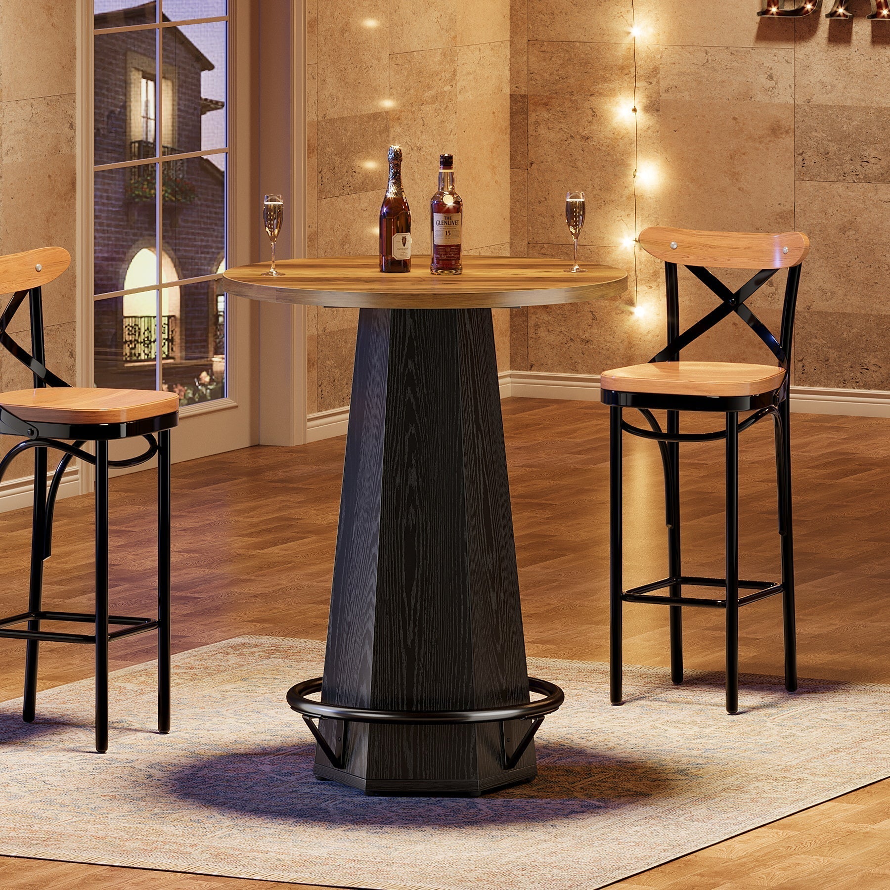 Tribesigns Table de bar ronde de 100 cm pour 2 personnes, Table à manger industrielle avec repose-pieds
