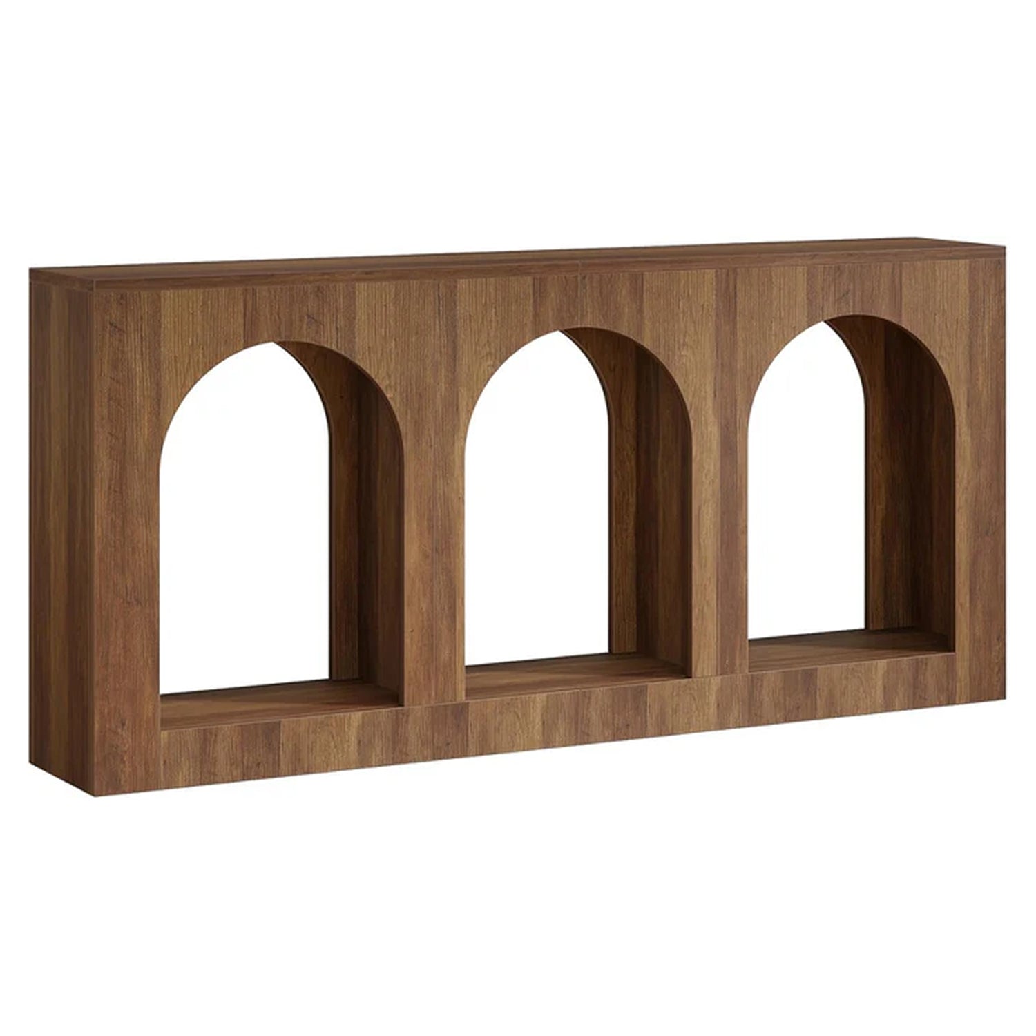 Console de 160 cm table étroite en bois avec 3 étagères cintrées, Table basse à placer derrière le canapé