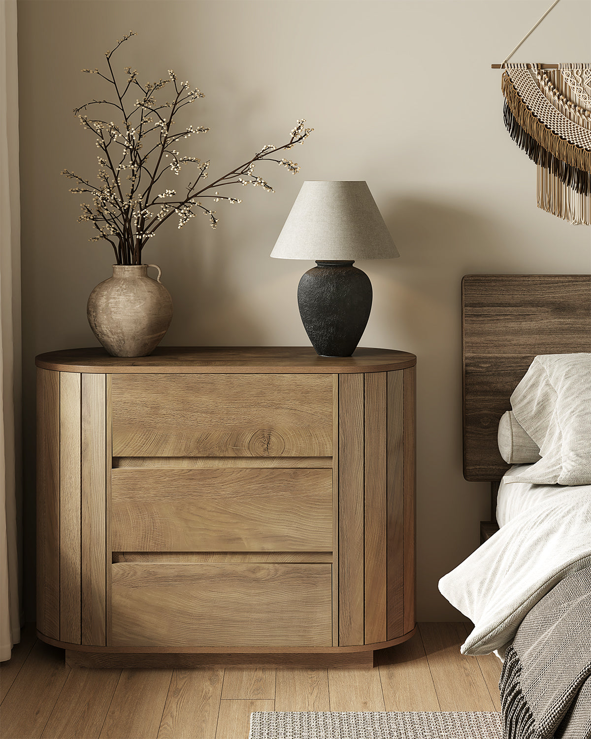 Tribesigns Commode Moderne Effet Chêne 90 cm avec 3 Tiroirs et Côtés à Lattes