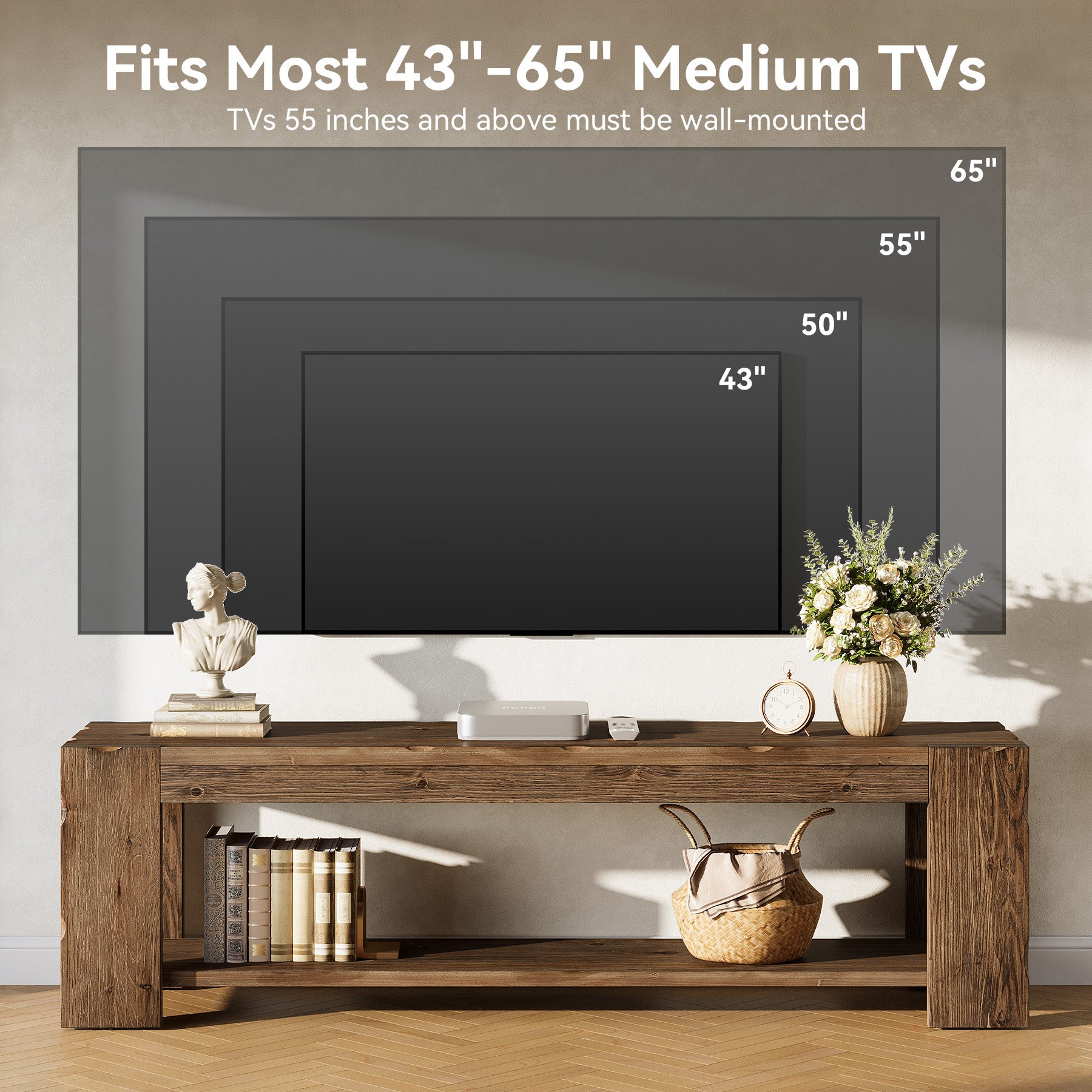 Tribesigns Meuble TV en Bois Massif 140 cm à 2 Niveaux pour TV jusqu’à 60 Pouces