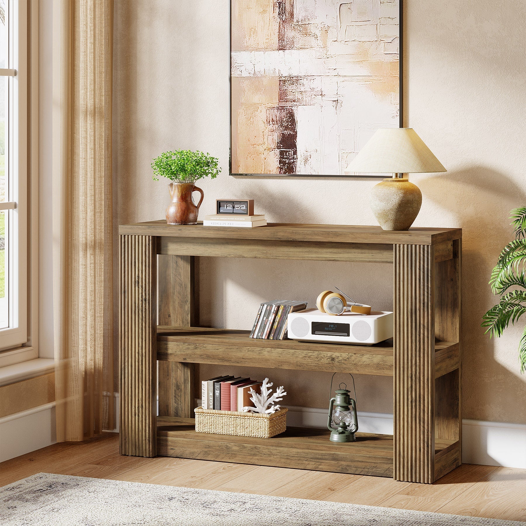 Tribesigns Console étroite 105 cm, Table basse de style campagnard à 3 niveaux avec étagères