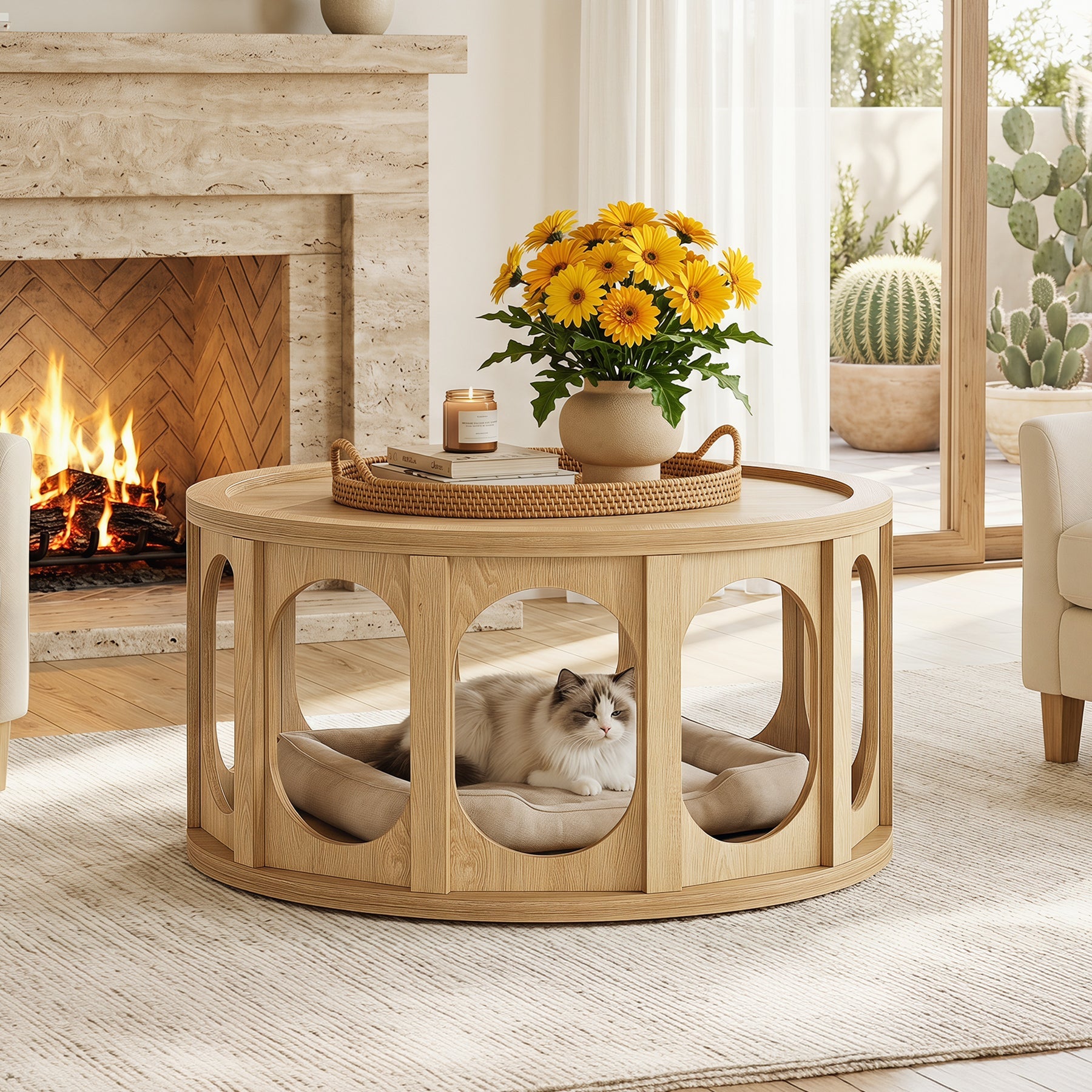 Tribesigns Table Basse Ronde 80 cm pour Chat à 2 Niveaux avec Niche