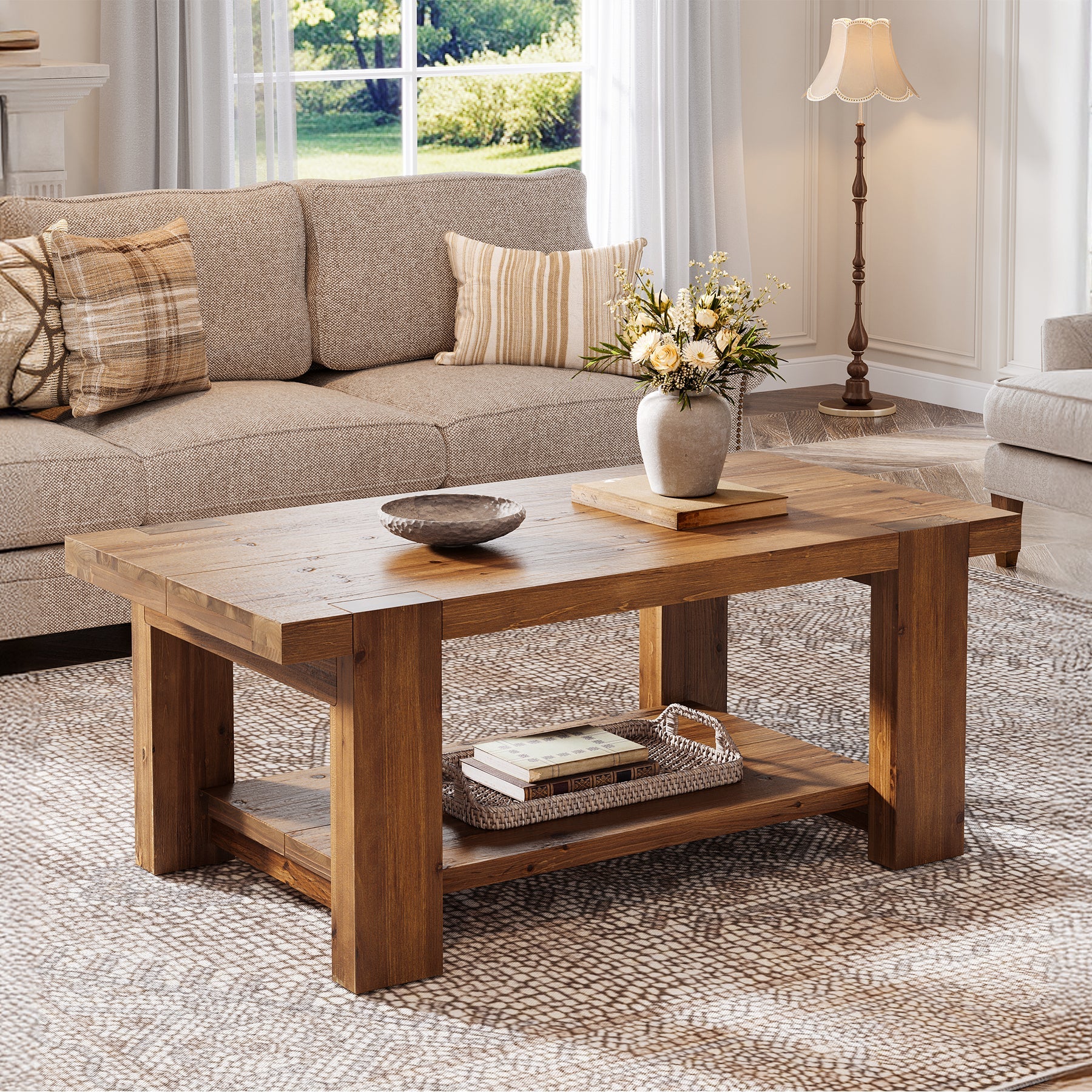 Tribesigns Table Basse Rectangulaire en Bois Massif de 120 cm avec Étagère
