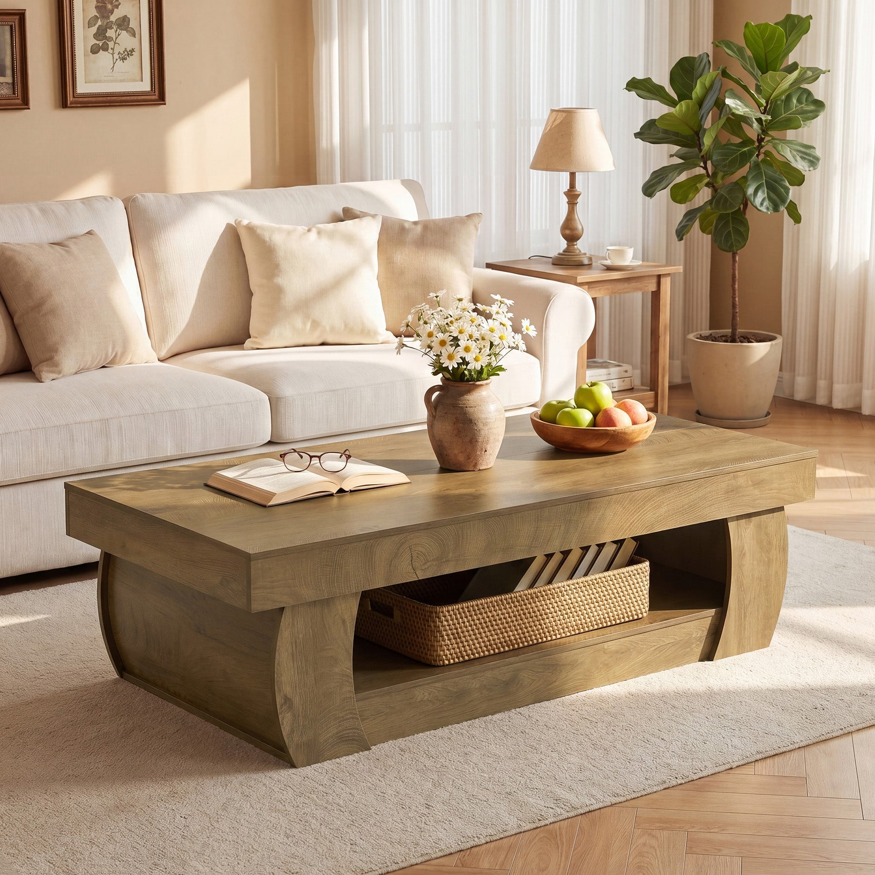 Tribesigns Table basse moderne de 140 cm avec étagère de rangement ouverte, Table de salon rectangulaire aux côtés incurvés