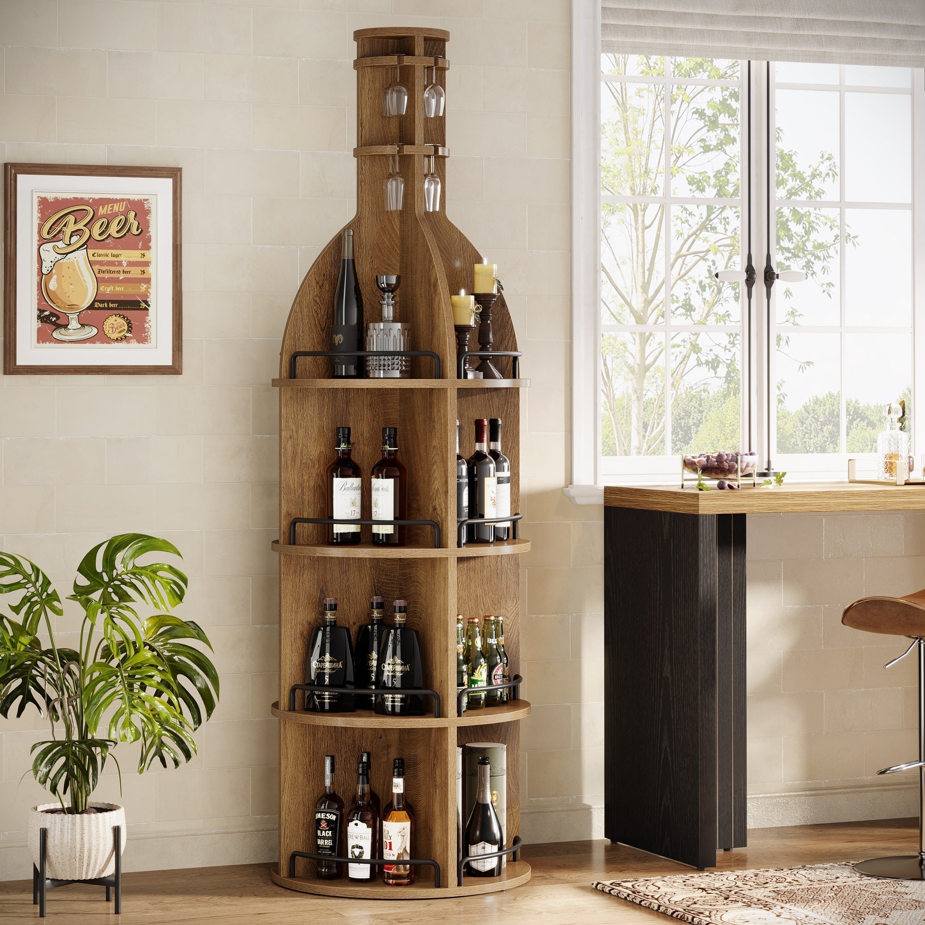 Casier à vin de 190 cm de haut avec étagères de rangement, Meuble à vin rond de style industriel avec porte-verres