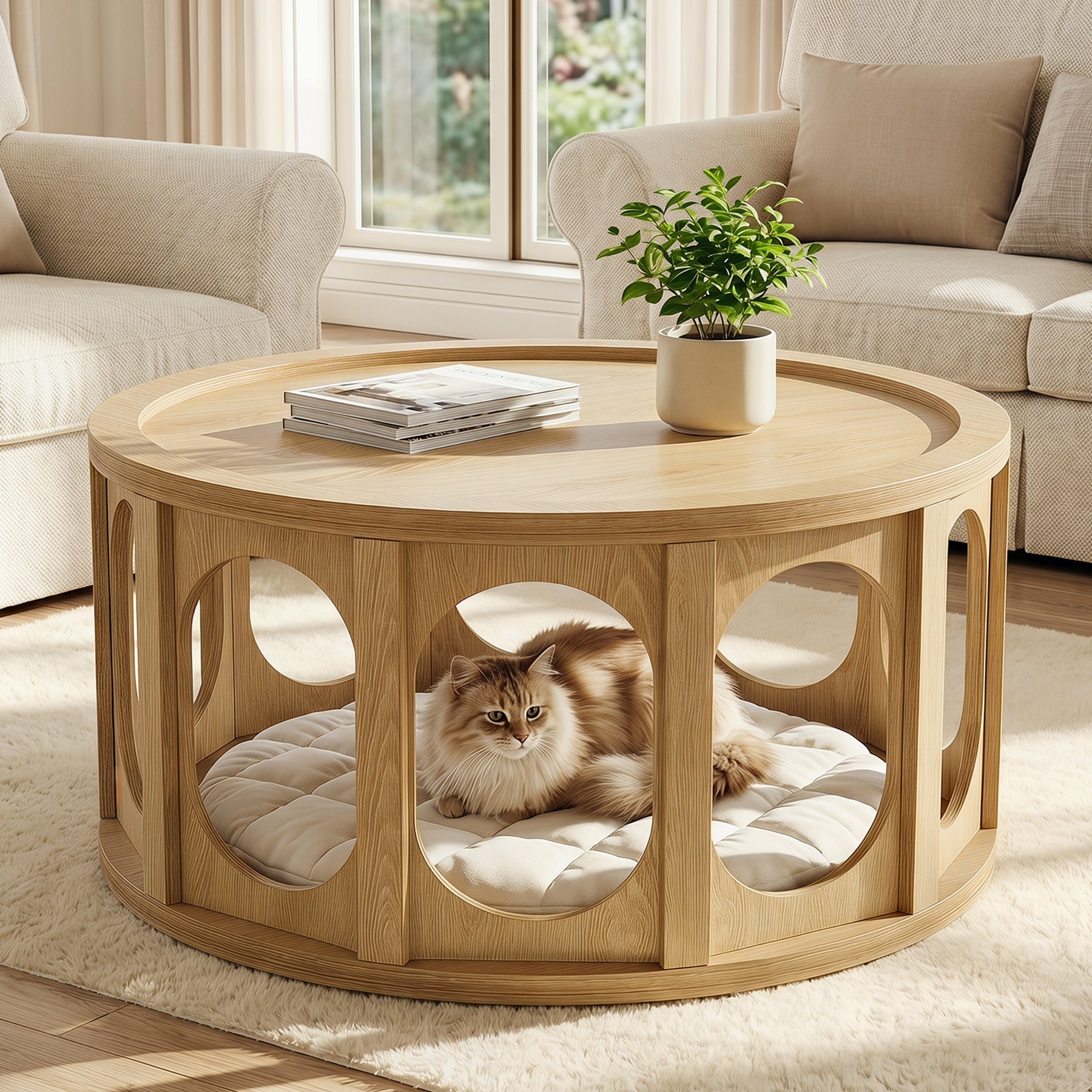 Tribesigns Table Basse Ronde 80 cm pour Chat à 2 Niveaux avec Niche