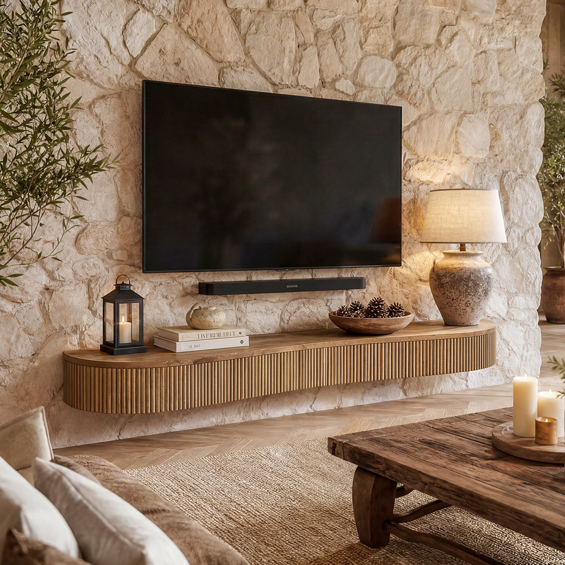 Tribesigns Étagère de Cheminée Flottante en Bois Massif 180 cm avec Motif Cannelé