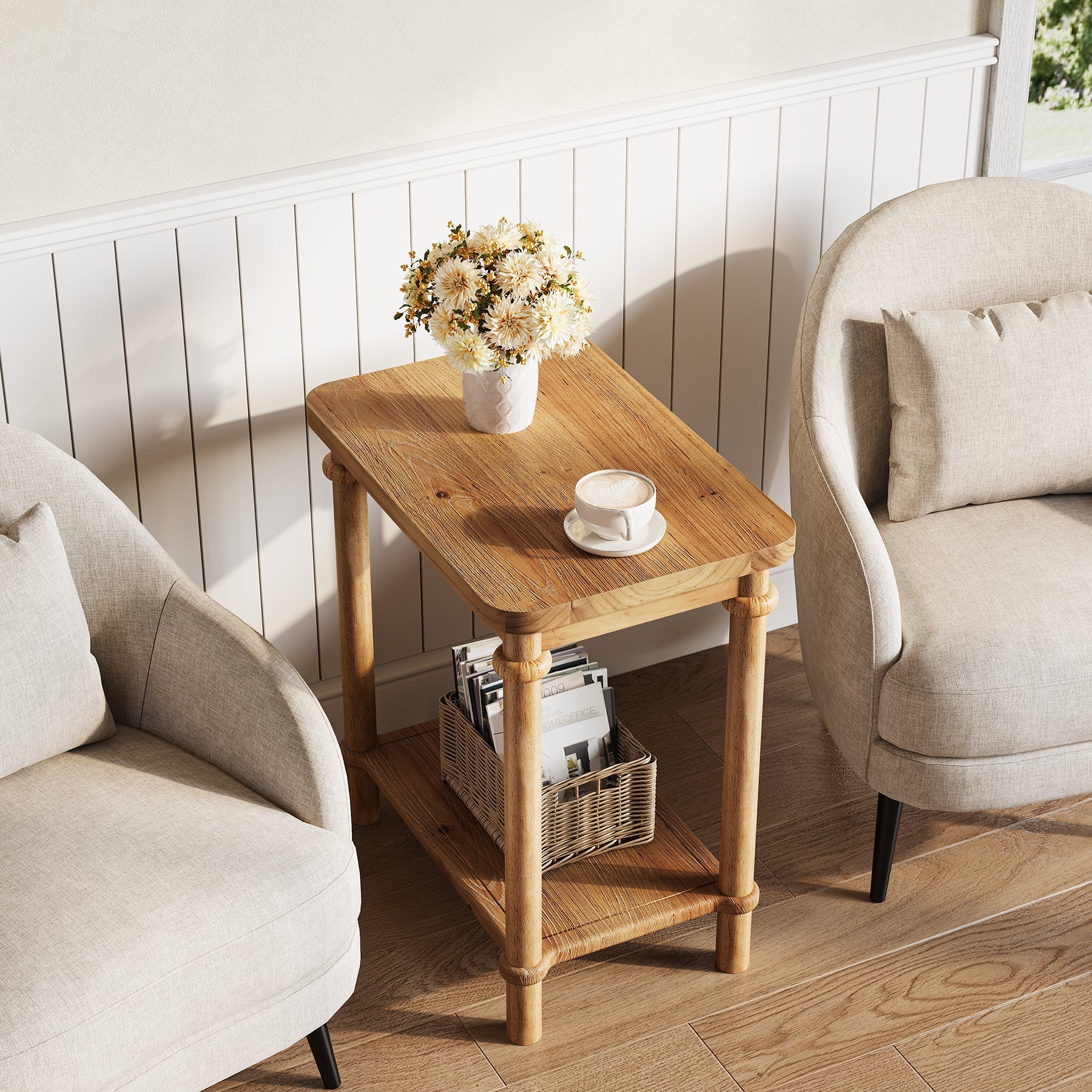 Tribesigns Table d’Appoint Country en Bois Massif à 2 Niveaux, 60 x 40 x 65 cm, Angles Arrondis