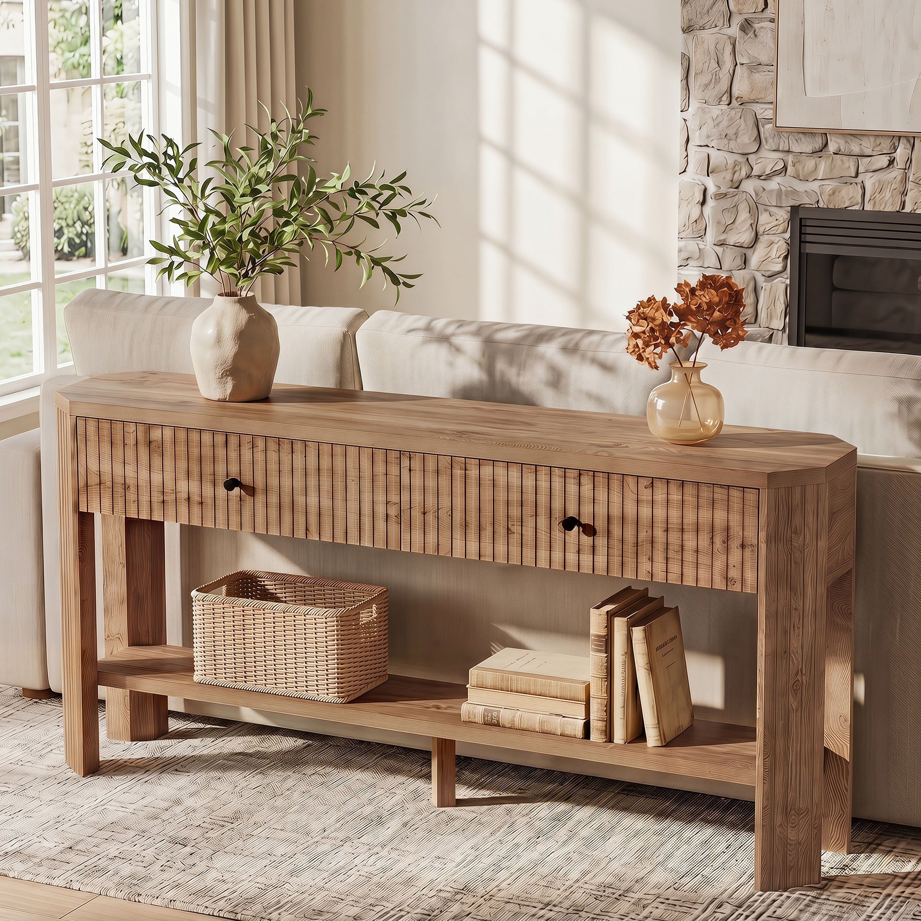 Console de 150 cm avec 2 tiroirs, Table d'entrée étroite et moderne avec étagère et rangement