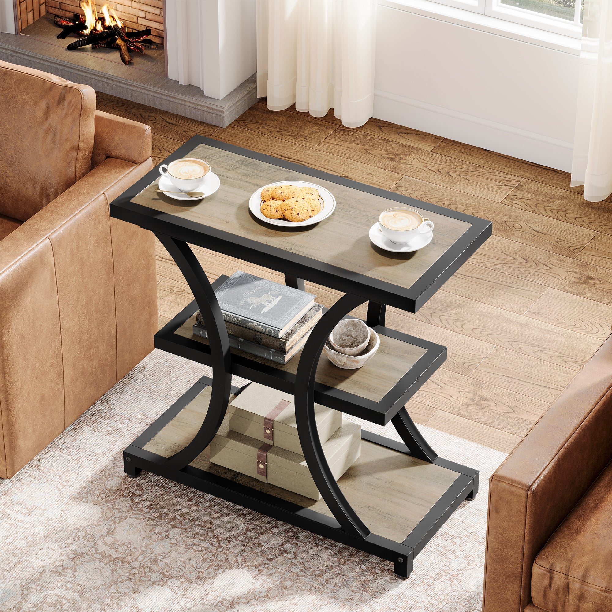 Tribesigns Table d'appoint avec espace de rangement, Table d'appoint à 3 niveaux avec design géométrique en métal
