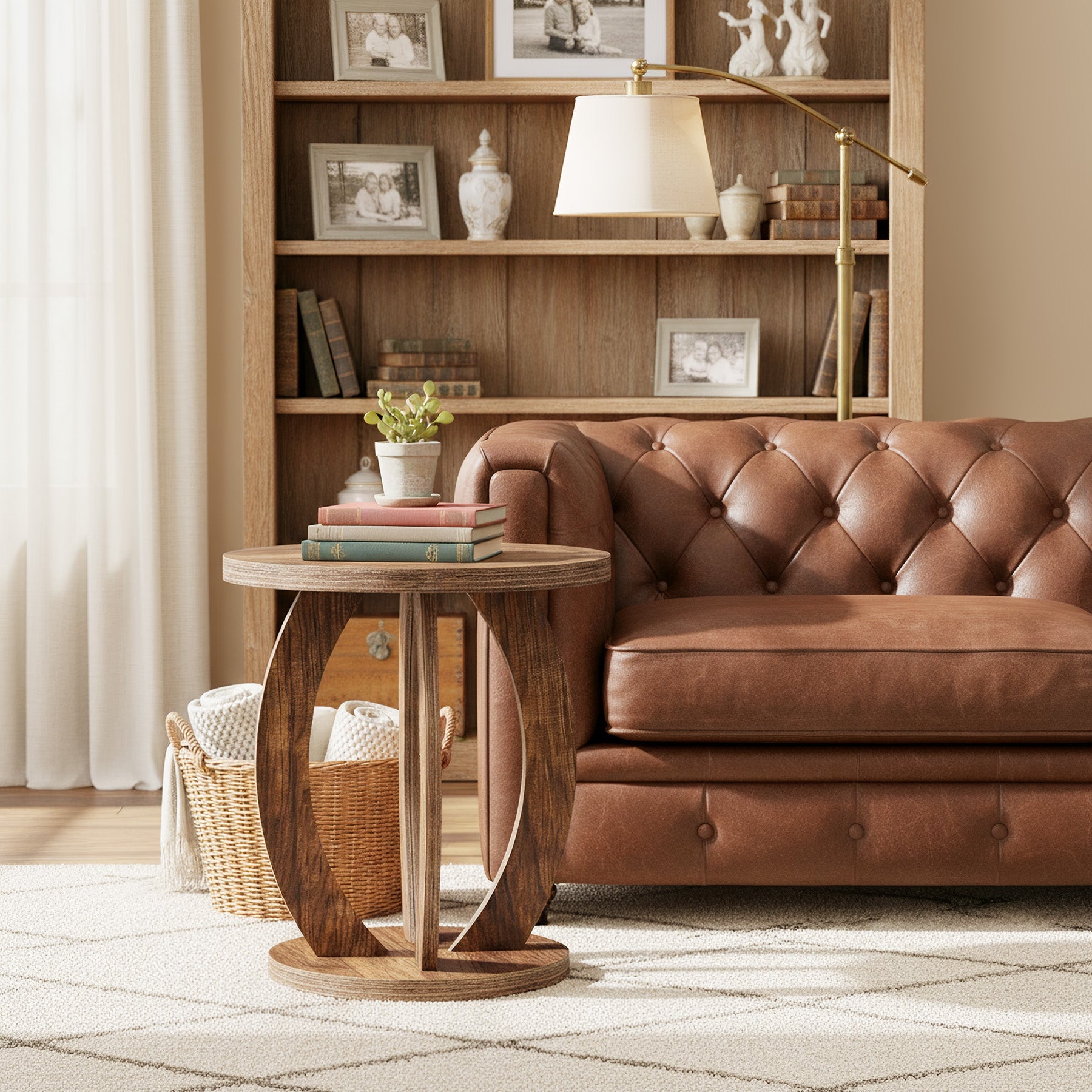 Tribesigns Table d'appoint de style campagnard de 50 cm avec plateau rond et rangement Brun rustique
