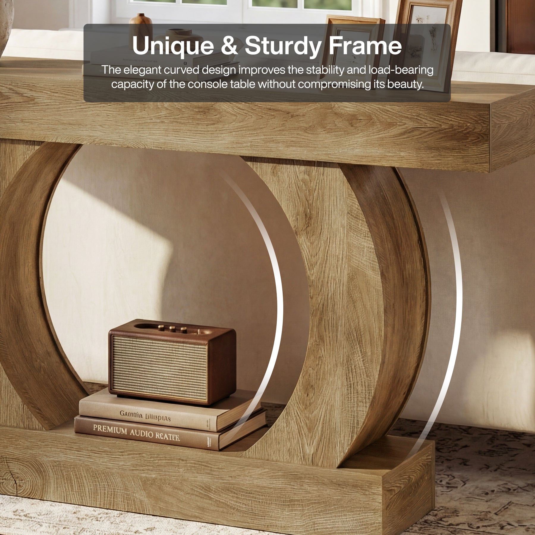 Console rustique 150 x 30 x 85 cm avec base ronde ouverte, Table d'entrée étroite à 2 niveaux pour couloir et salon