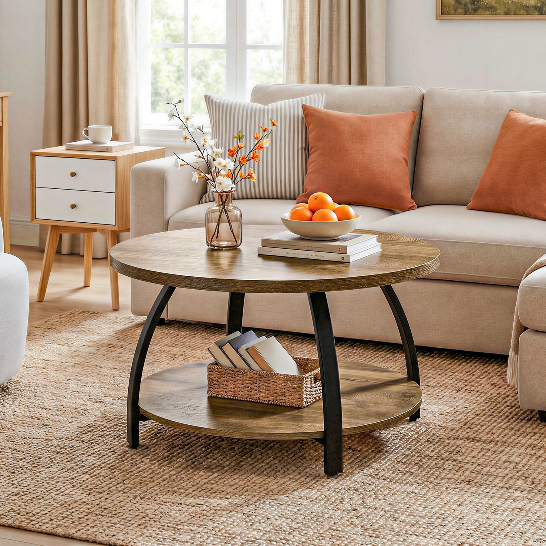 Tribesigns Table basse ronde de 80 cm avec 2 étagères, Petite table d'appoint de style industriel avec pieds en métal