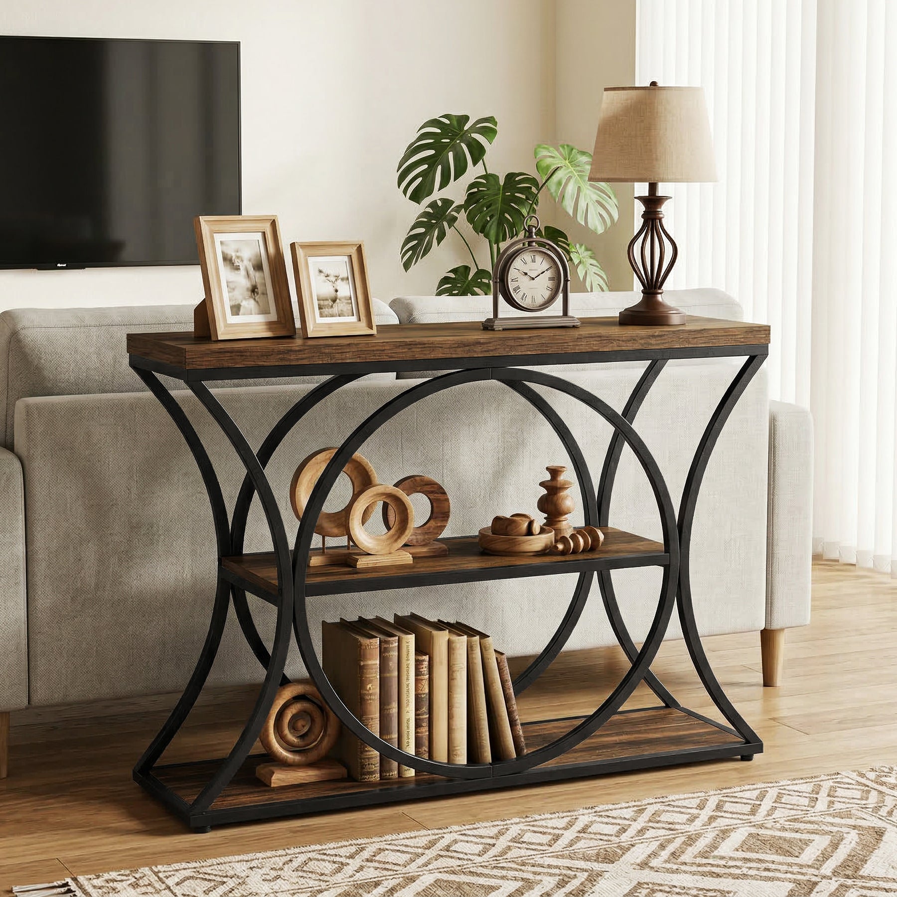Tribesigns Console industrielle de 105 cm, table d’entrée étroite avec 3 étagères de rangement