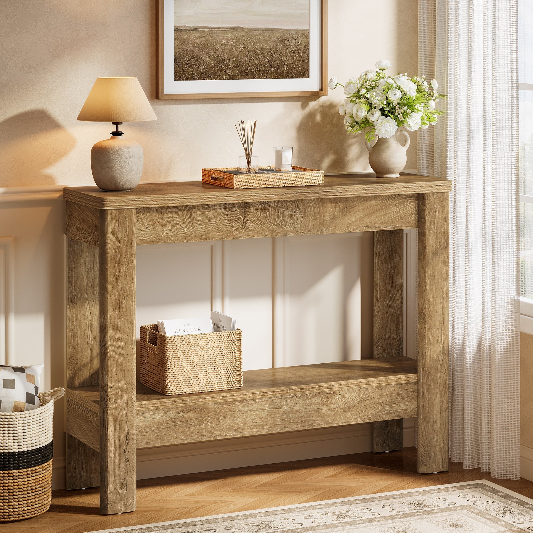 Tribesigns Console rustique 105 x 30 x 80 cm avec rangement ouvert, Table d'appoint étroite pour entrée et salon