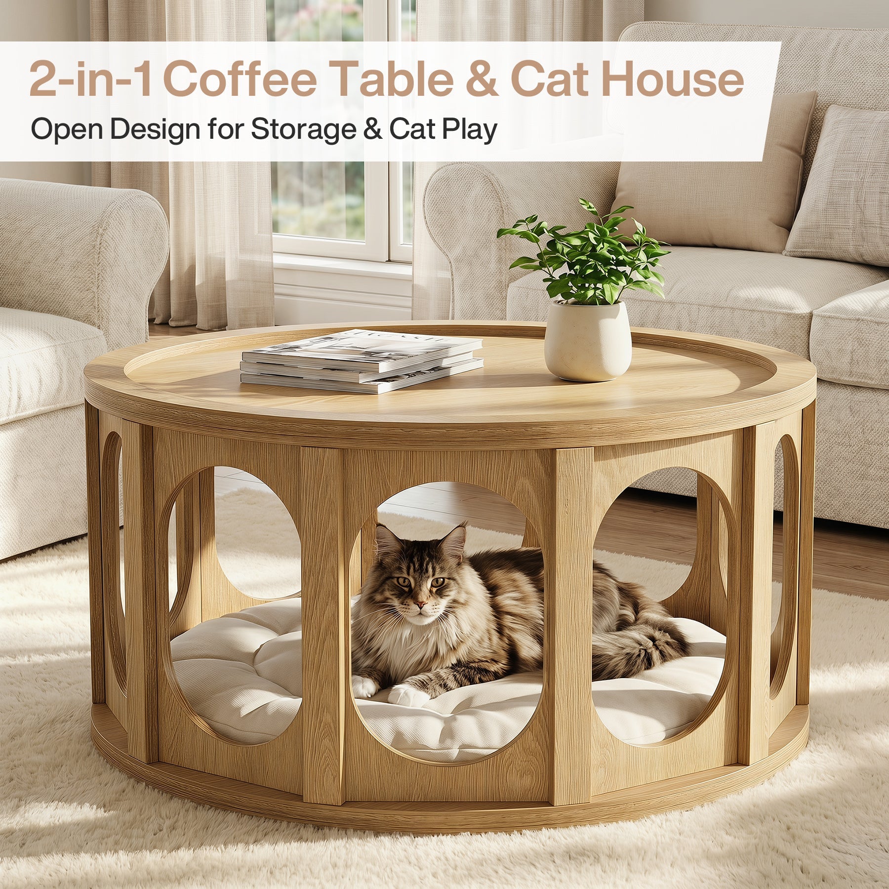 Tribesigns Table Basse Ronde 80 cm pour Chat à 2 Niveaux avec Niche