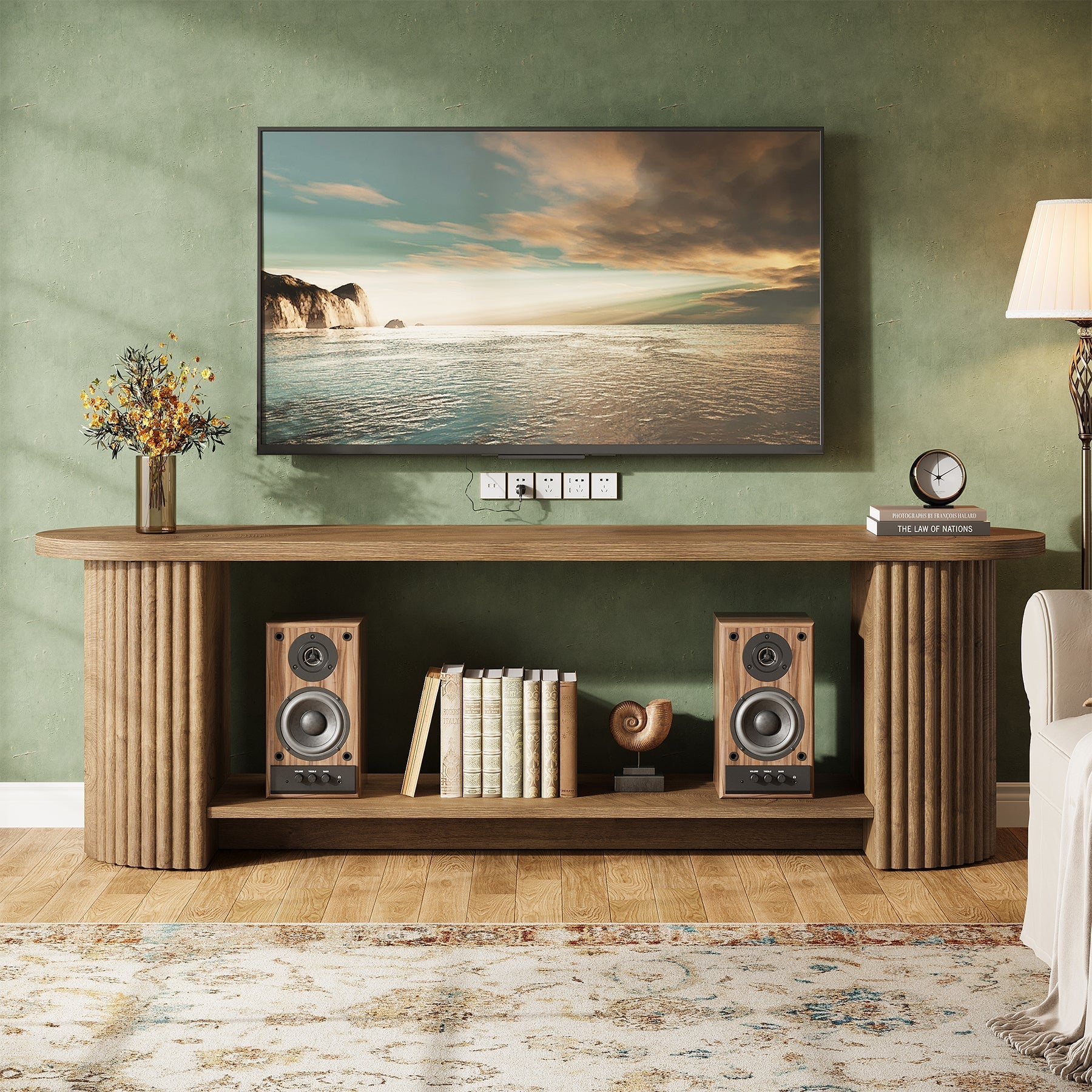Tribesigns Meuble TV de 160 cm avec design côtelé et étagère de rangement, Meuble multimédia rustique pour salon et chambre