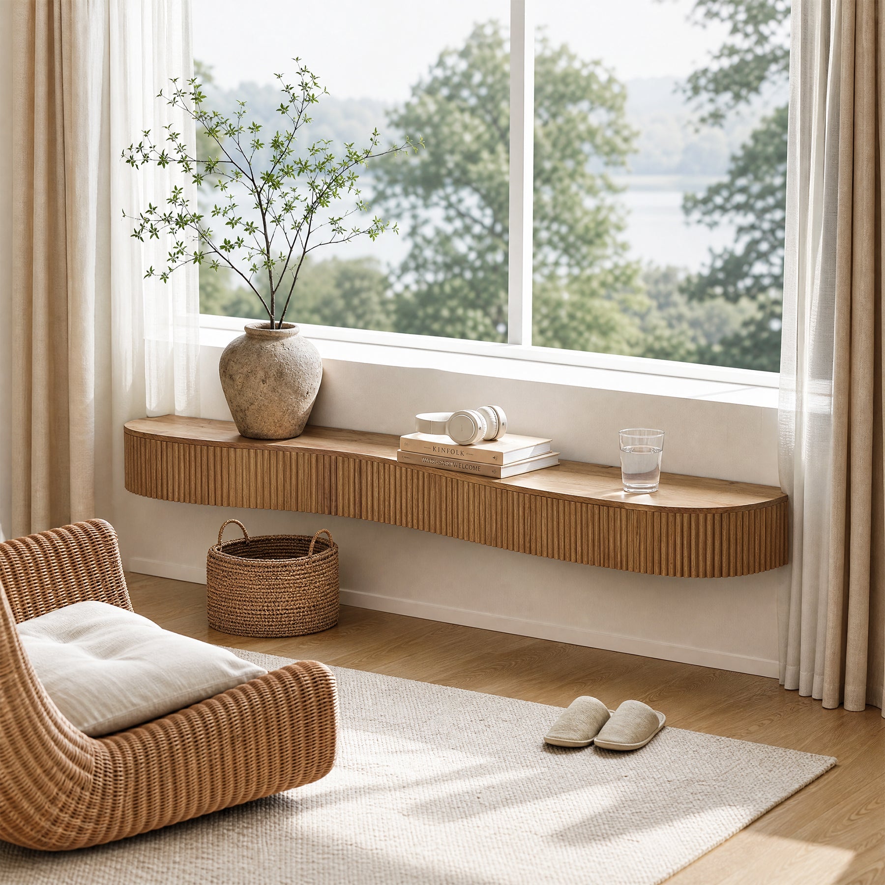 Tribesigns Étagère de Cheminée Flottante en Bois Massif 180 cm avec Motif Cannelé