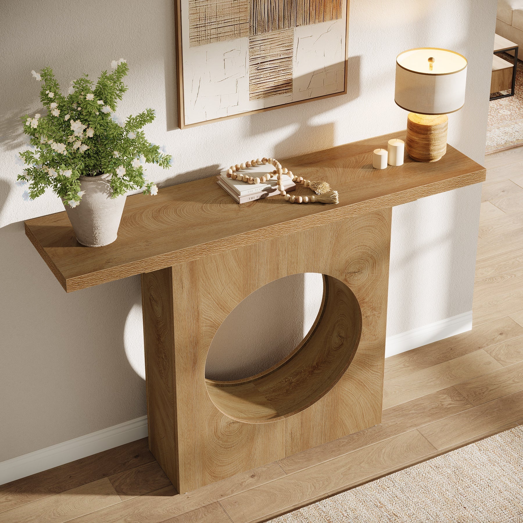 Tribesigns Console rustique de 105 cm avec design ajouré rond, Table d'entrée étroite pour salon