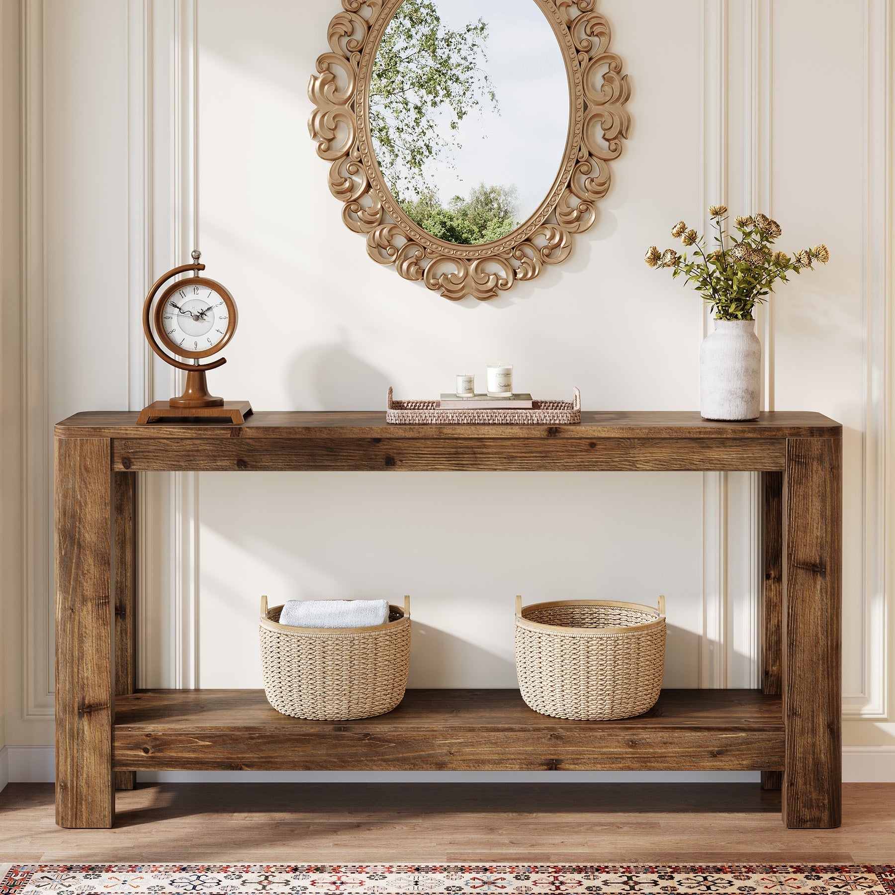 Tribesigns Console en bois massif de 160 cm, Table d'appoint étroite style ferme avec étagère