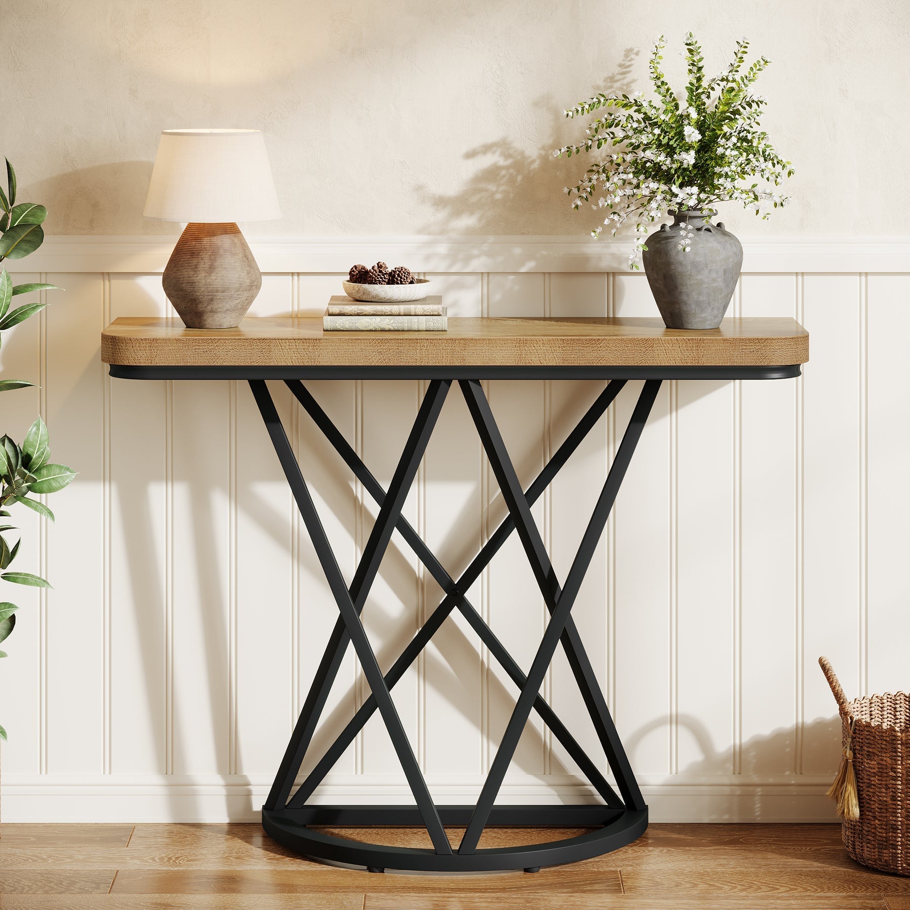 Tribesigns Console industrielle de 105 cm, Table d'entrée étroite avec piètement géométrique en métal