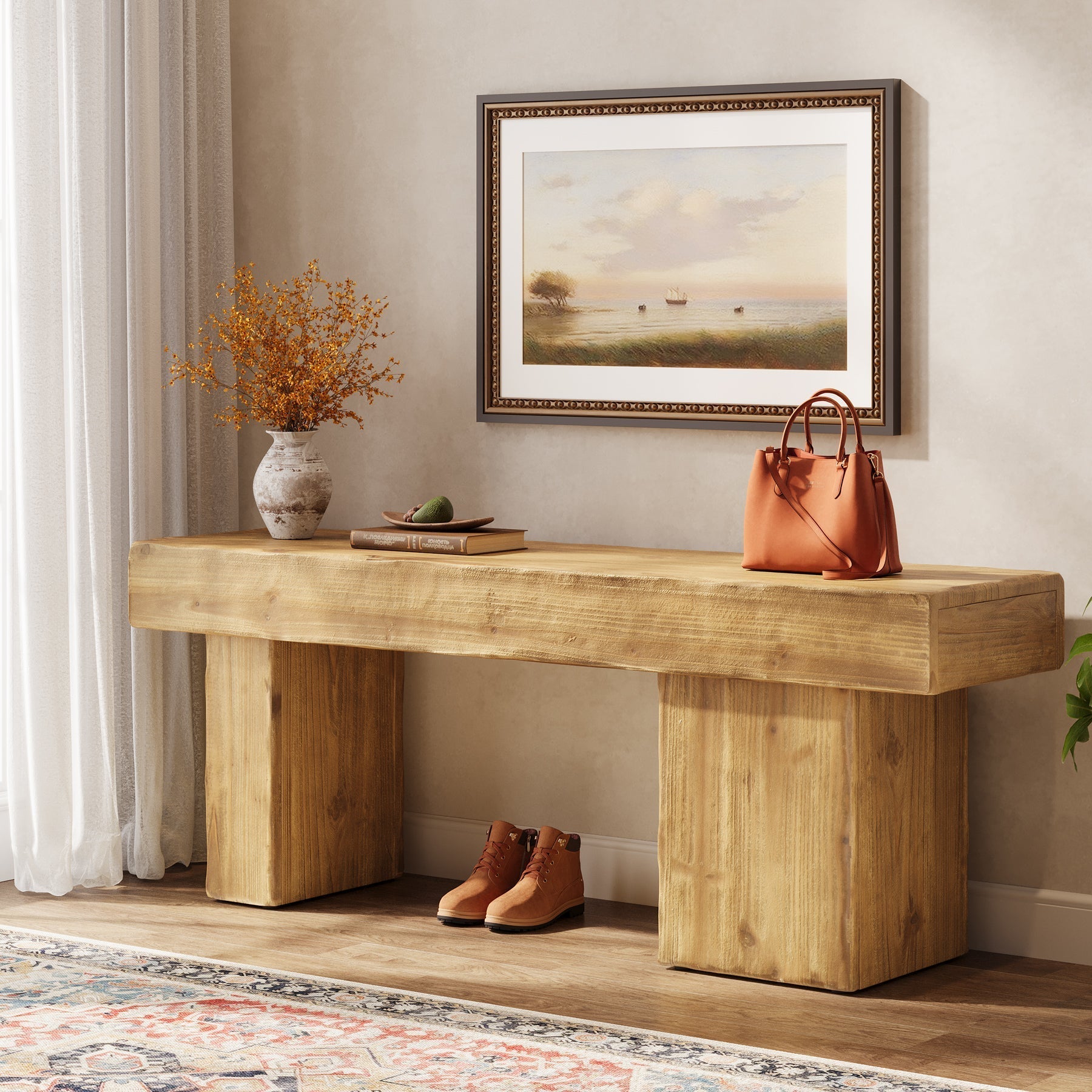 Massief houten halbank van 119 cm, Rustieke stijl met dikke zitting