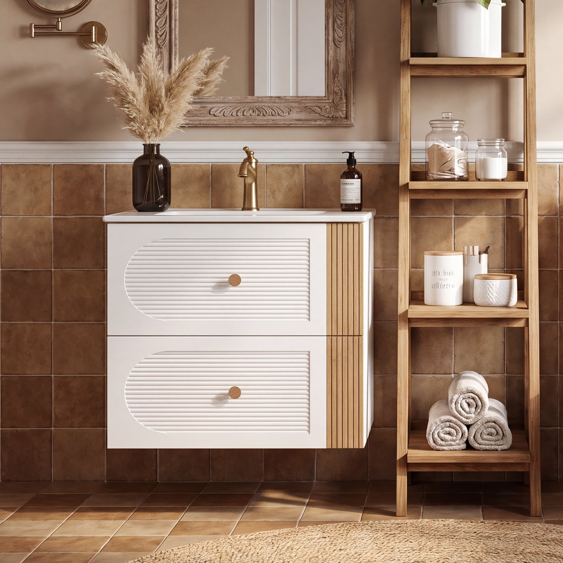 Tribesigns Meuble de Salle de Bain Suspendu 60 cm avec Vasque en Céramique, Blanc, 2 Tiroirs