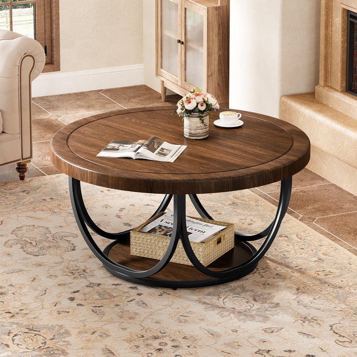 Tribesigns Table basse ronde de 80 cm avec étagère, Table de salon à deux niveaux de style industriel avec structure en métal