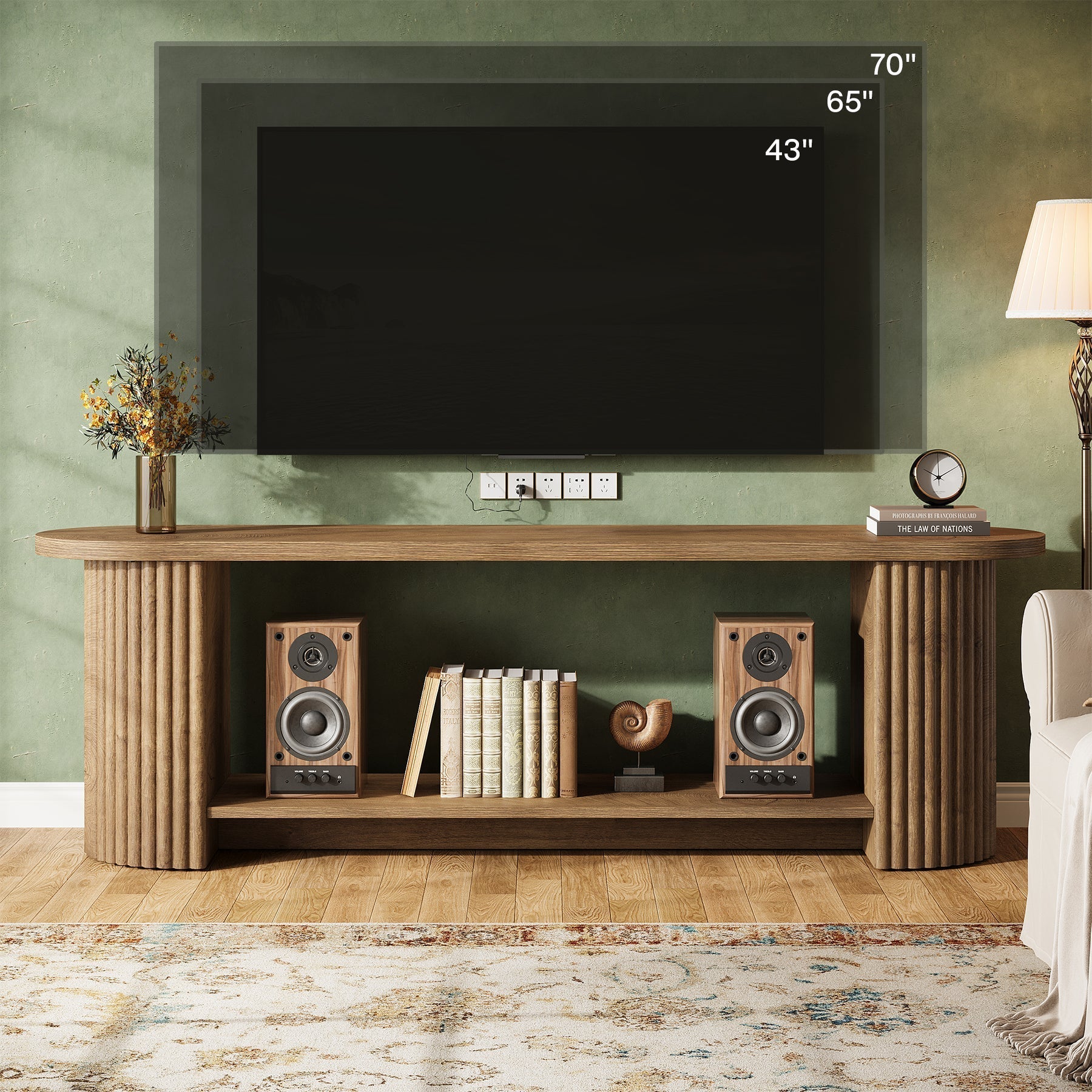 Tribesigns Meuble TV de 160 cm avec design côtelé et étagère de rangement, Meuble multimédia rustique pour salon et chambre