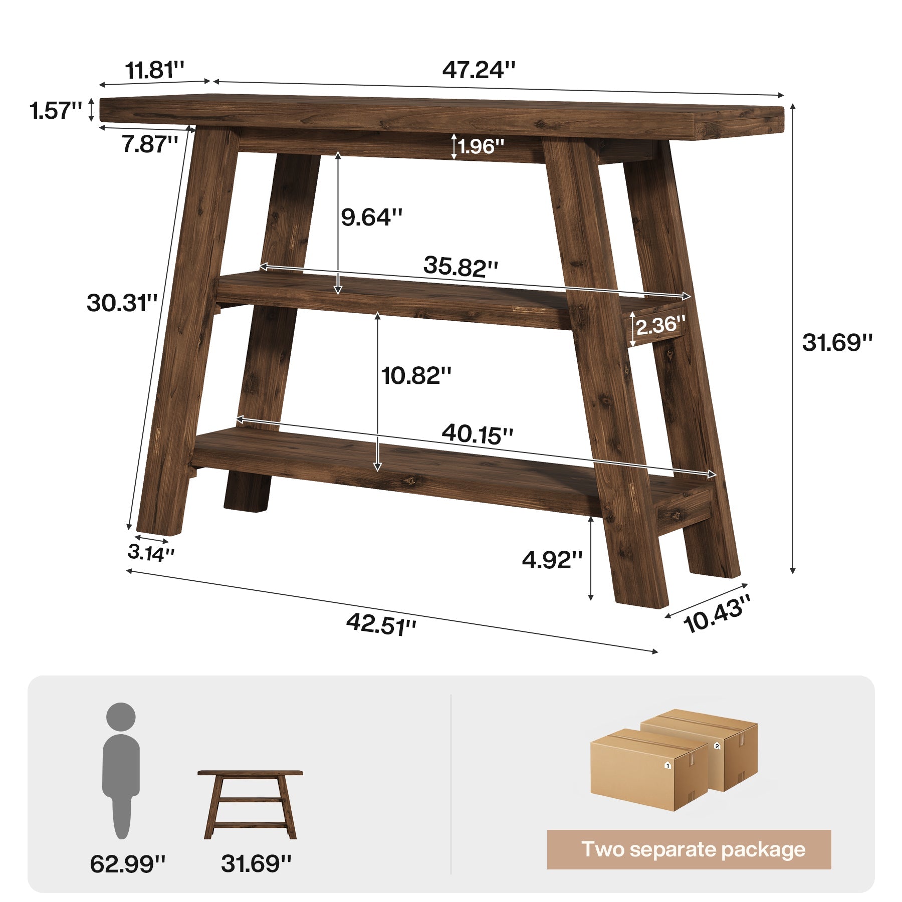 Tribesigns Table console en bois massif de 120 cm de long avec étagères à 3 niveaux