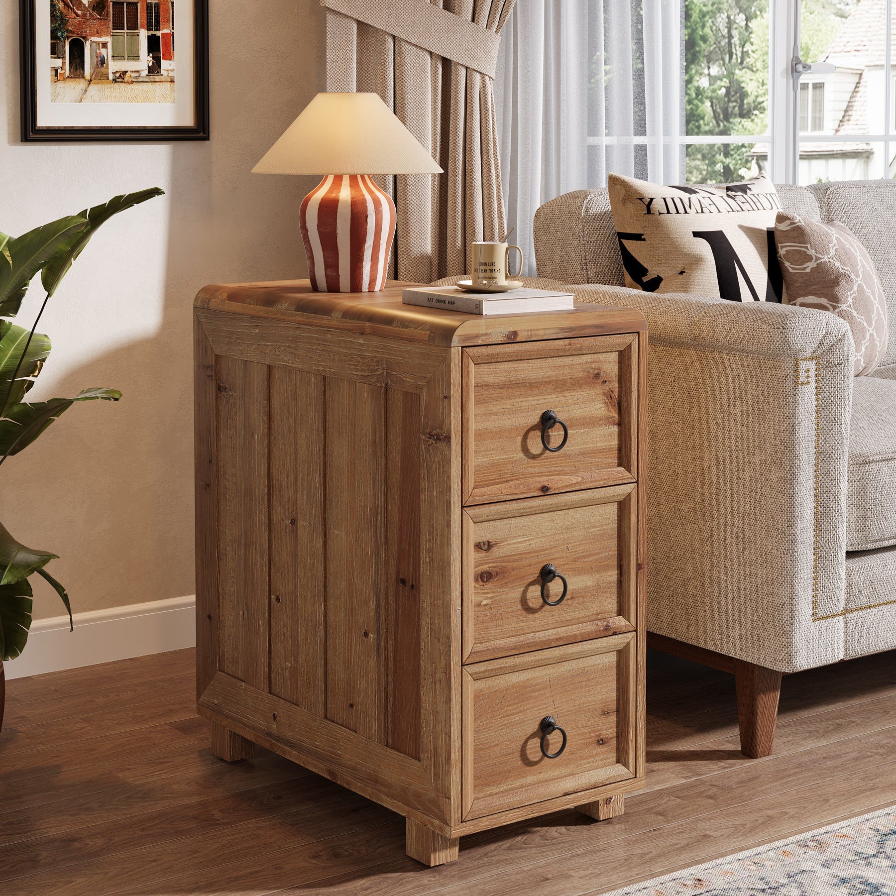 Tribesigns Table d'appoint étroite en bois massif avec 3 tiroirs pour salon, Table de chevet fine, table d'appoint