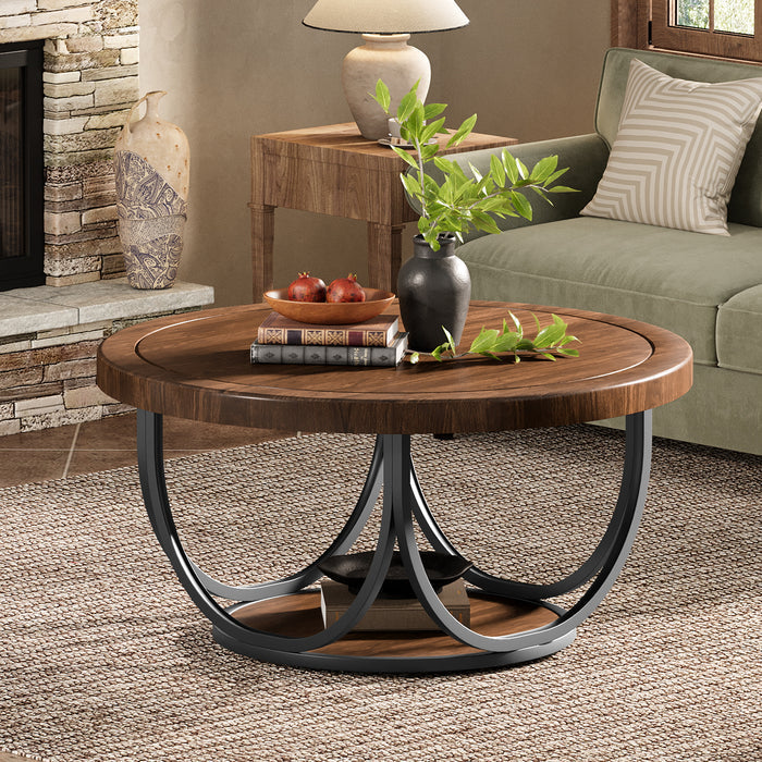 Tribesigns Table basse ronde de 80 cm avec étagère, Table de salon à deux niveaux de style industriel avec structure en métal