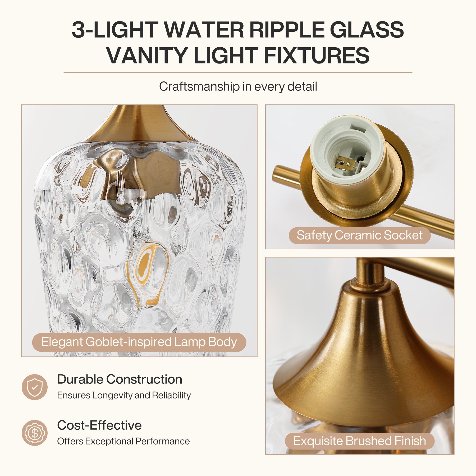 Tribesigns Applique de Salle de Bain à 3 Lumières, Applique Murale Moderne avec Abat-Jour en Verre Ondulé, Culot E27, Ampoules Non Incluses
