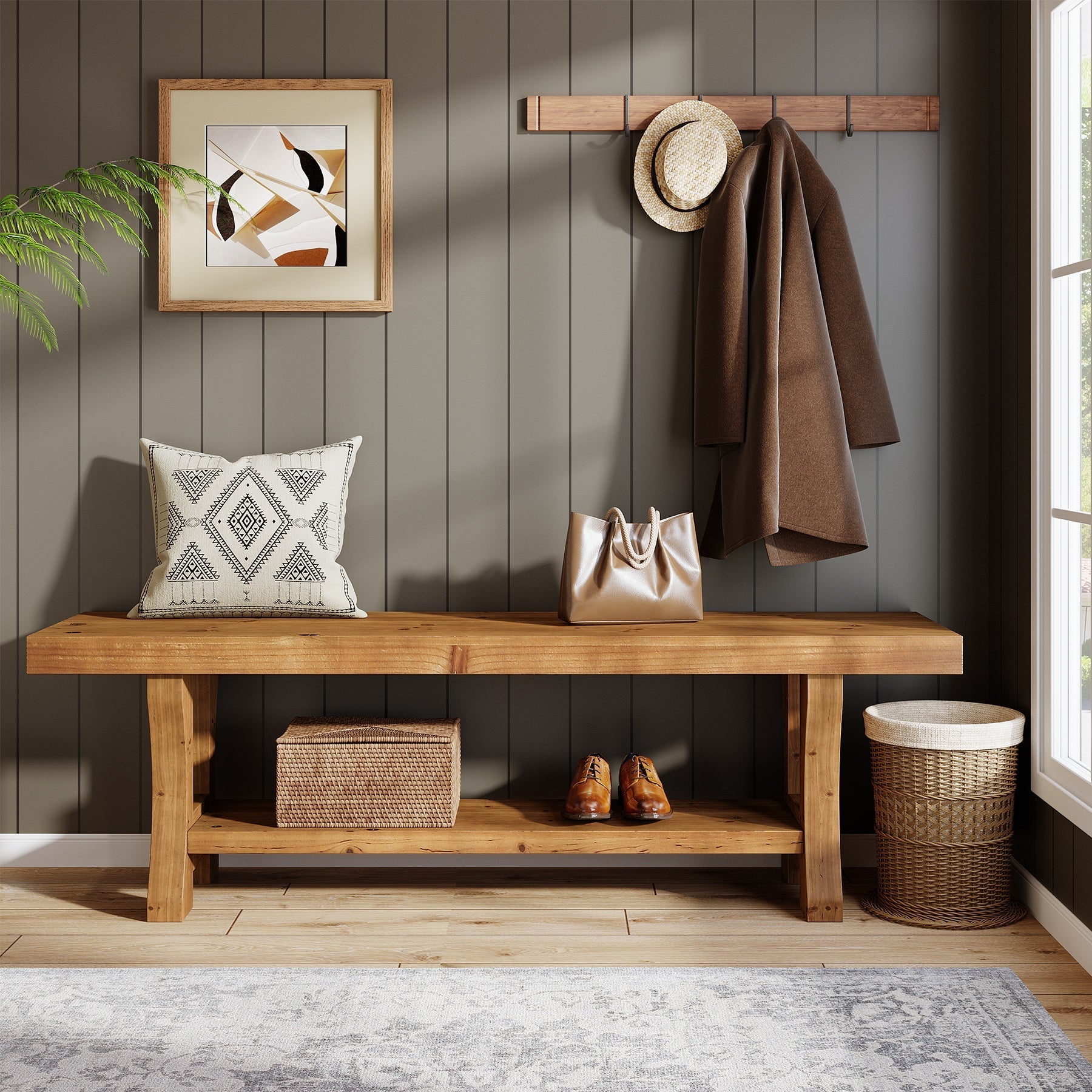 Banc en bois massif de 140 cm, Long banc en bois de style campagnard avec rangement