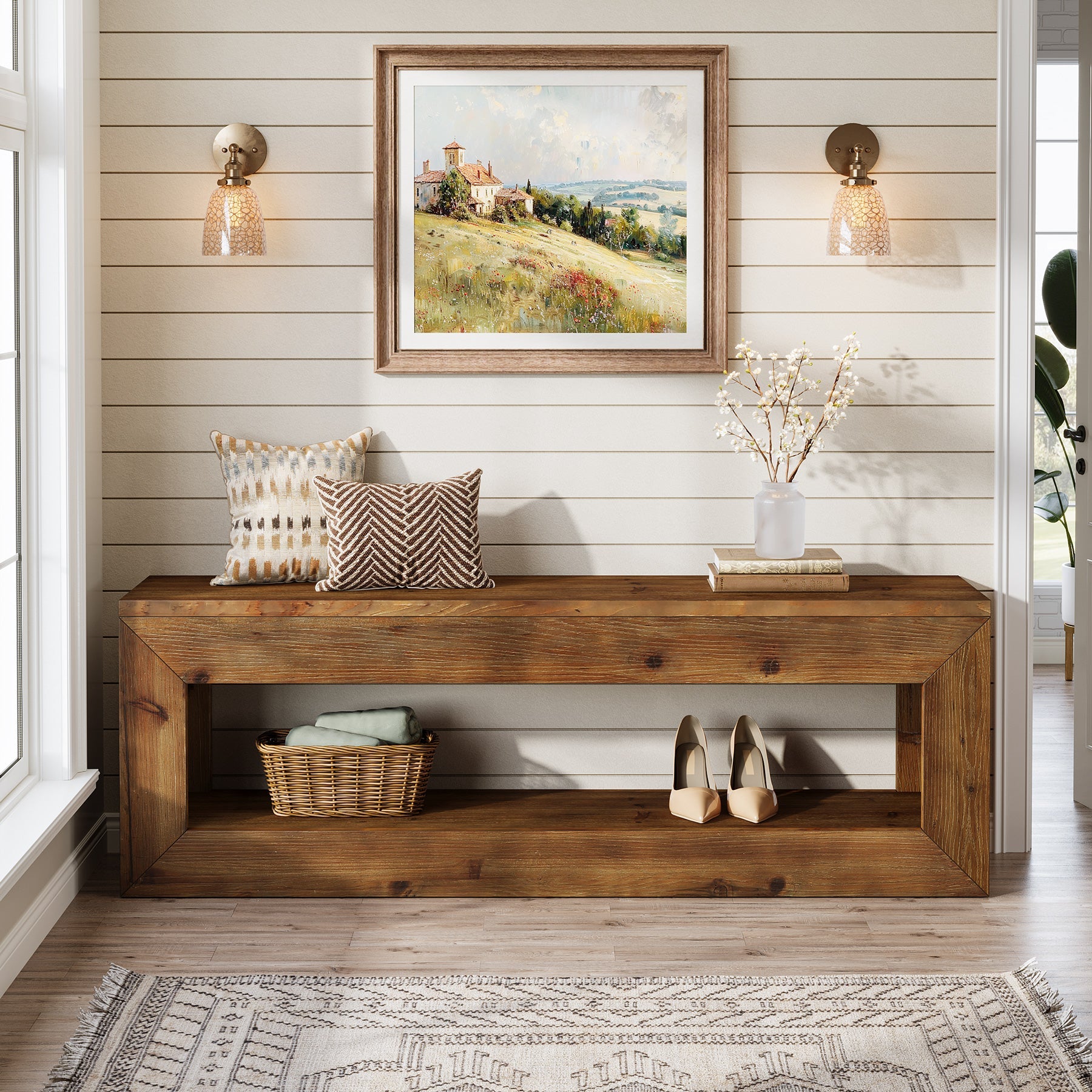 Tribesigns Banc d’Entrée en Bois Massif de 120 cm avec Étagère de Rangement, Style Rustique