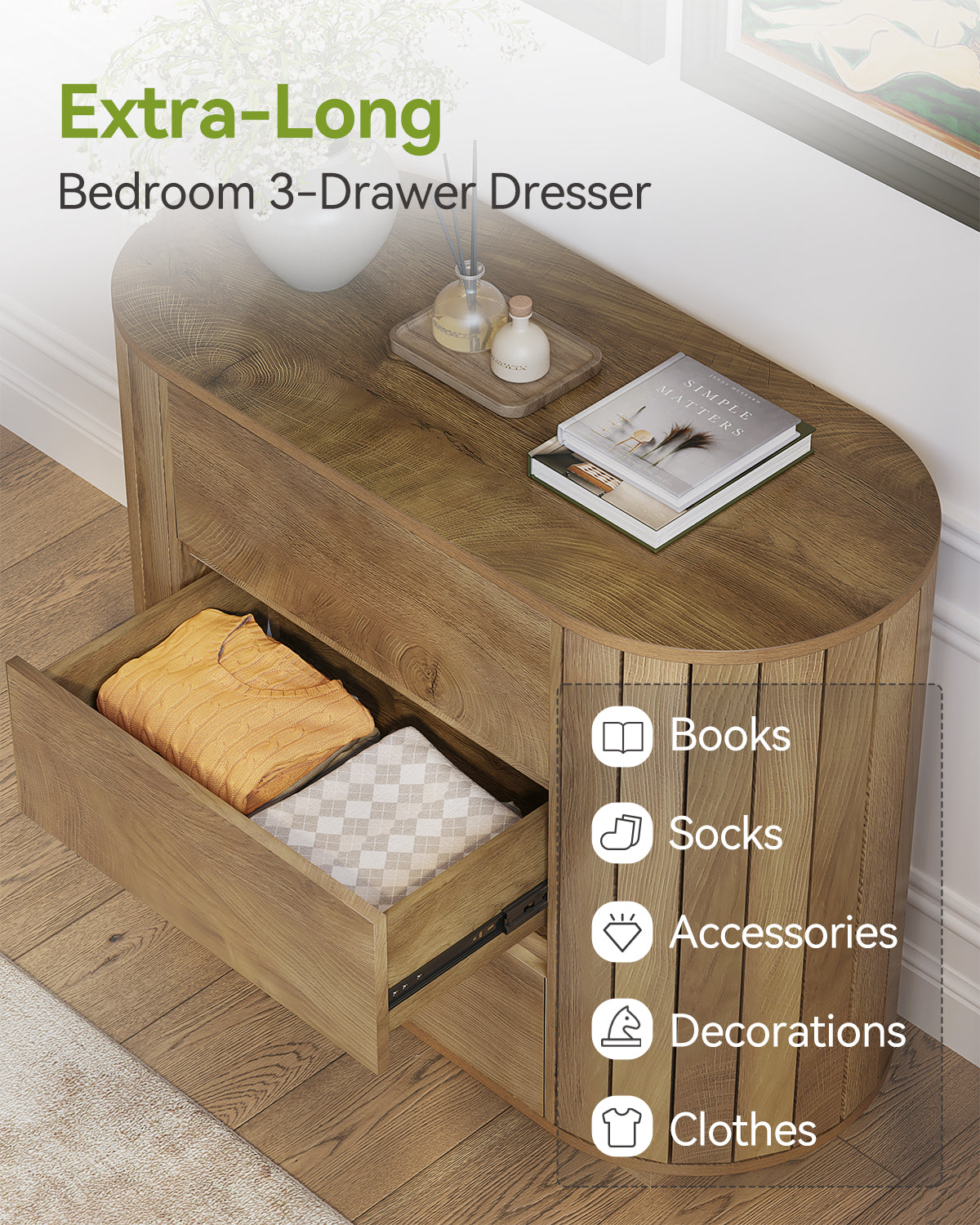 Tribesigns Commode Moderne Effet Chêne 90 cm avec 3 Tiroirs et Côtés à Lattes