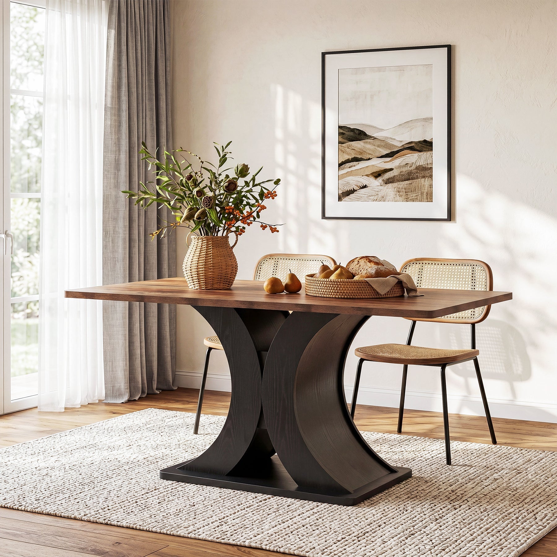 Table de salle à manger 140 cm pour 4 à 6 personnes, Table de cuisine rectangulaire de style champêtre